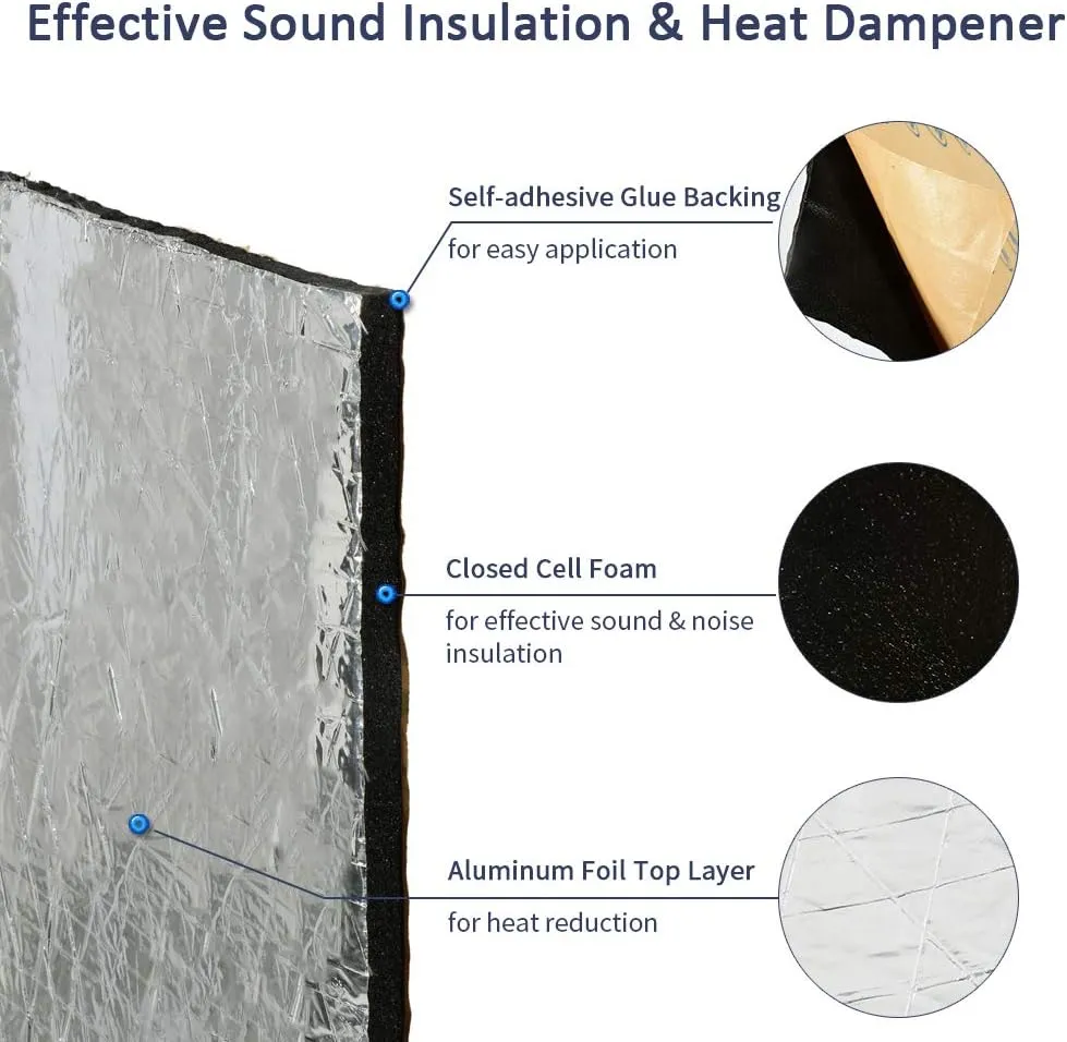 Abahub 394 mil 16 sqft Car Hood Insulation Pad Auto Sound Deadener Door Dampener Deadening Mat Heat / Cool Liner, Self-Adhesive Closed Cell Material (PE Foam Sound Deadener) 59"x39"