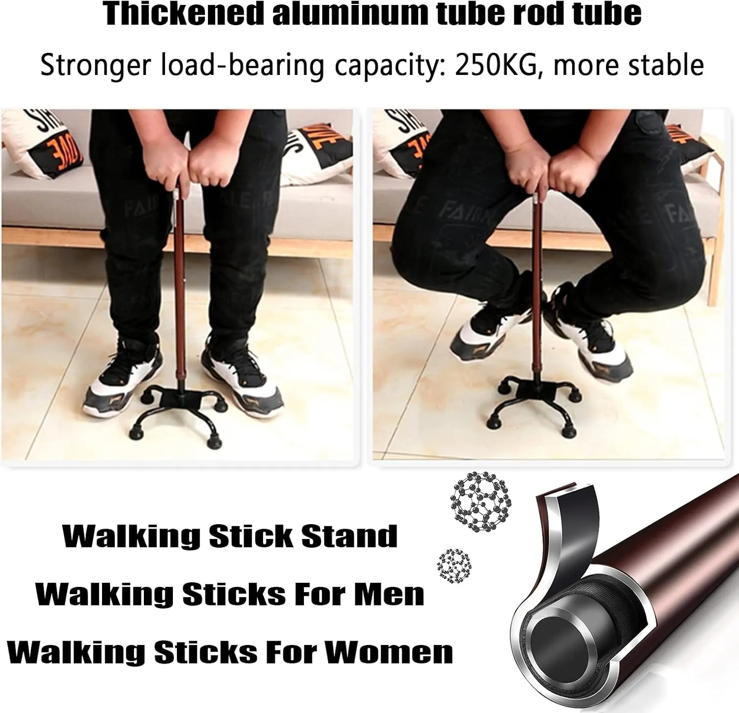 Adjustable Lightweight Cane with Soft Grip Handle, Disabled Elderly Lightweight Non-Slip Walking Sticks Men and Women Hiking Telescopic Crutch Walker ALGFree (Color : Brown, Size : 64~86cm)