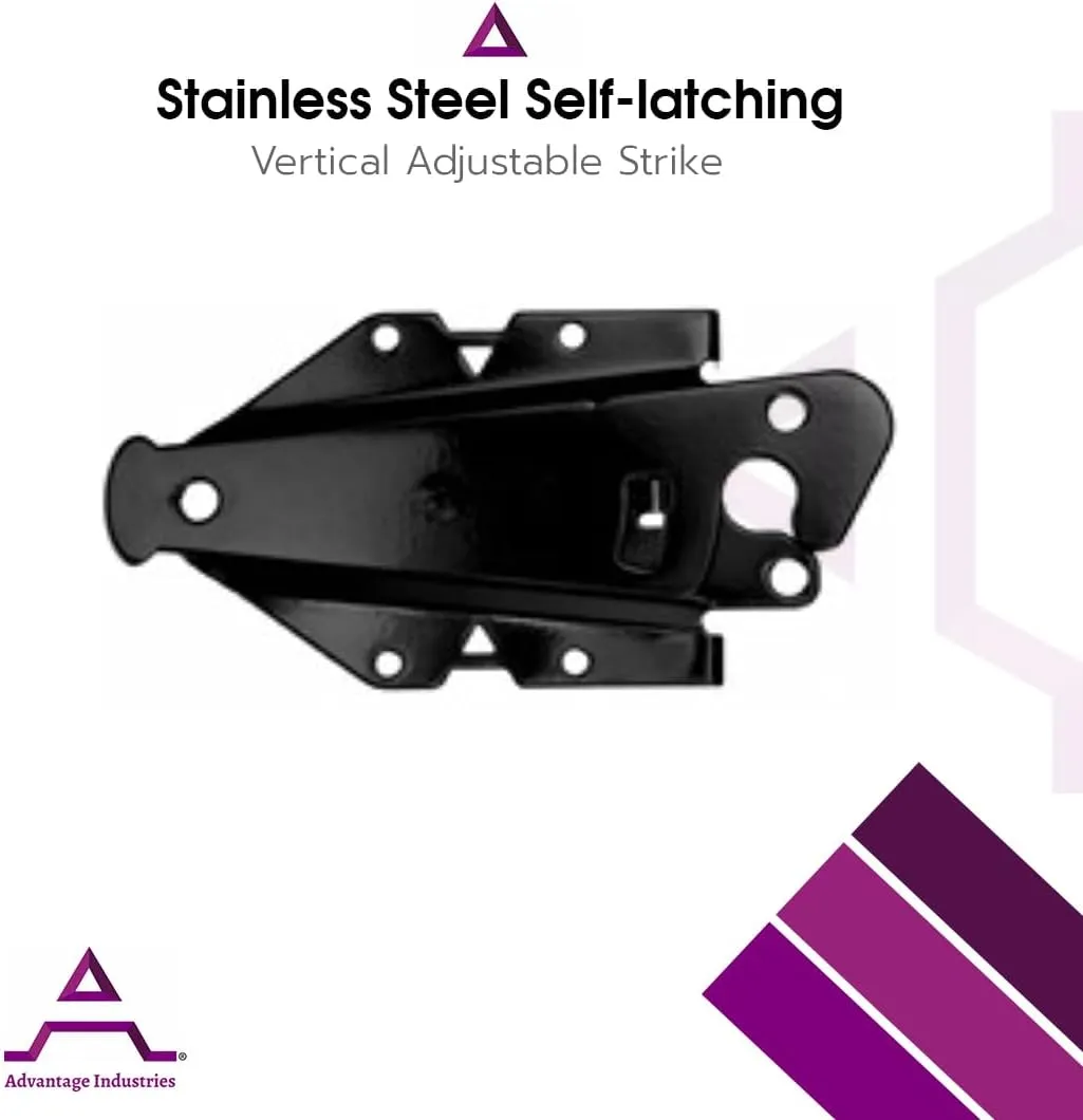 Advantage Industries 5” Stainless-Steel Self-Latching Gate Latch | Vertical Adjustable Striker | Two-Way Spring Latch Entry | Padlock Lockable | Left & Right Reversable | Vinyl/PVC Gates - Black