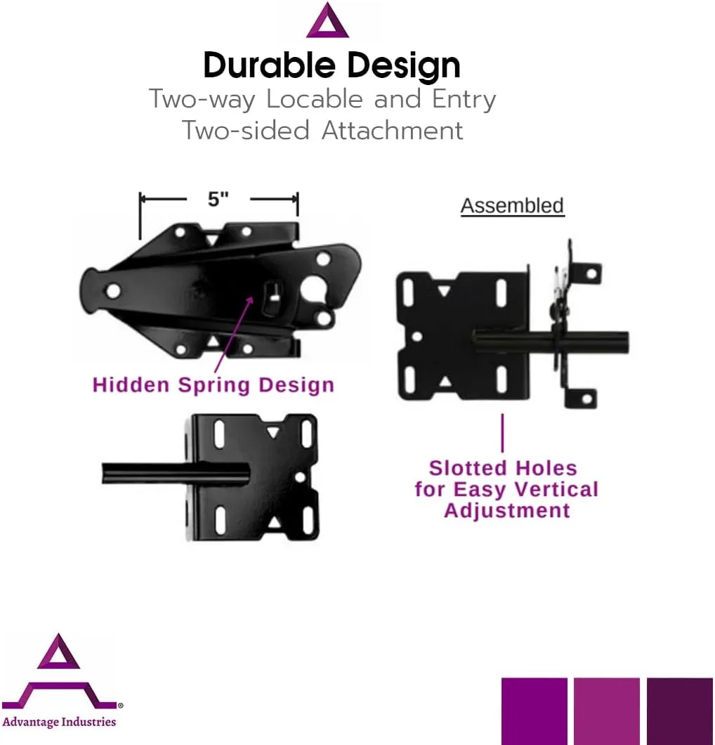 Advantage Industries 5” Stainless-Steel Self-Latching Gate Latch | Vertical Adjustable Striker | Two-Way Spring Latch Entry | Padlock Lockable | Left & Right Reversable | Vinyl/PVC Gates - Black