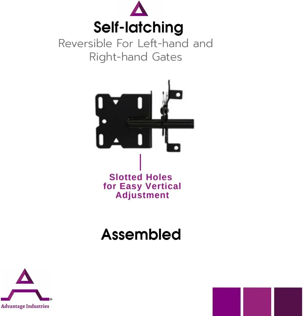 Advantage Industries 5” Stainless-Steel Self-Latching Gate Latch | Vertical Adjustable Striker | Two-Way Spring Latch Entry | Padlock Lockable | Left & Right Reversable | Vinyl/PVC Gates - Black