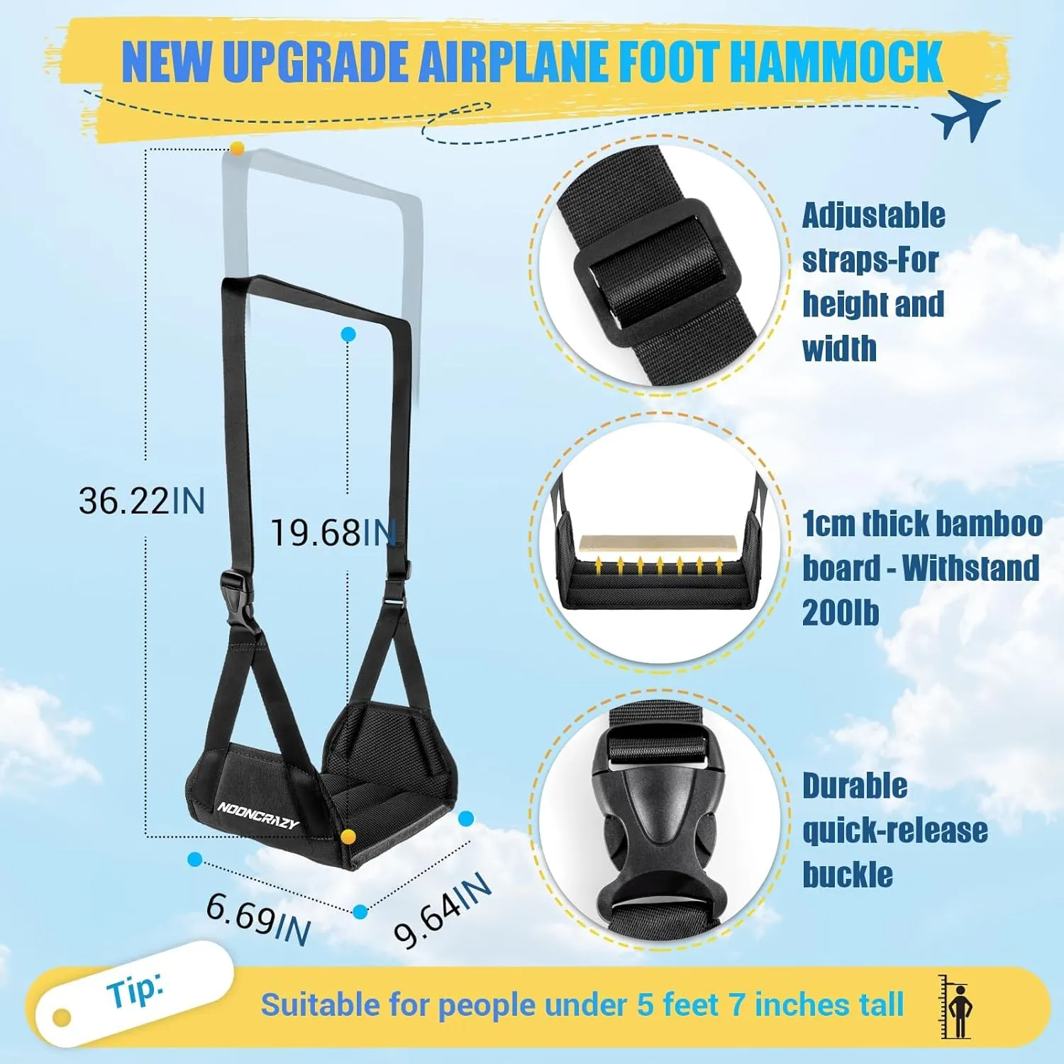 Airplane Foot Hammock, No Collapse Foot Rest for Plane Travel with Extended Adjustment Strap, Portable Desk Foot Hammock with Thickened Foam, Foot Sling Travel Essentials to Relax Your Feet(Black 2PC)