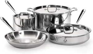 All-Clad D3 3-Ply Stainless Steel Cookware Set 7 Piece Induction Oven Broiler Safe 600F Pots and Pans, Cookware Silver