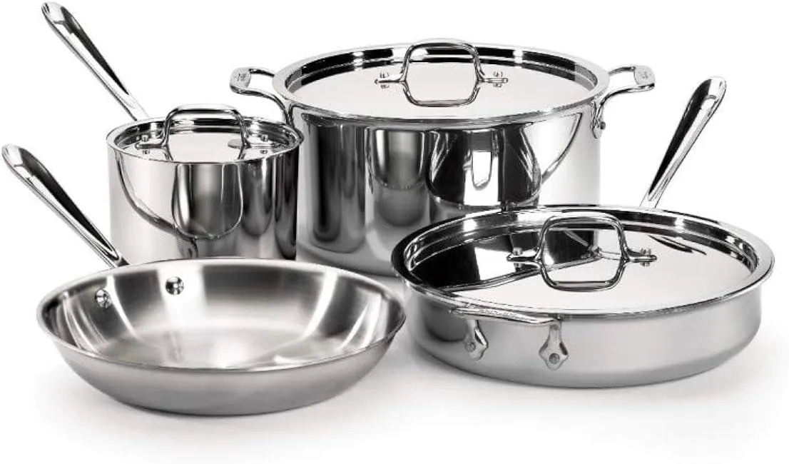 All-Clad D3 3-Ply Stainless Steel Cookware Set 7 Piece Induction Oven Broiler Safe 600F Pots and Pans, Cookware Silver