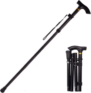Aluminum Alloy Folding Walking Stick Non-Slip Trekking Pole Men and Women Telescopic Crutches Shockproof Rubber Base Comfortable T-Handle, Black