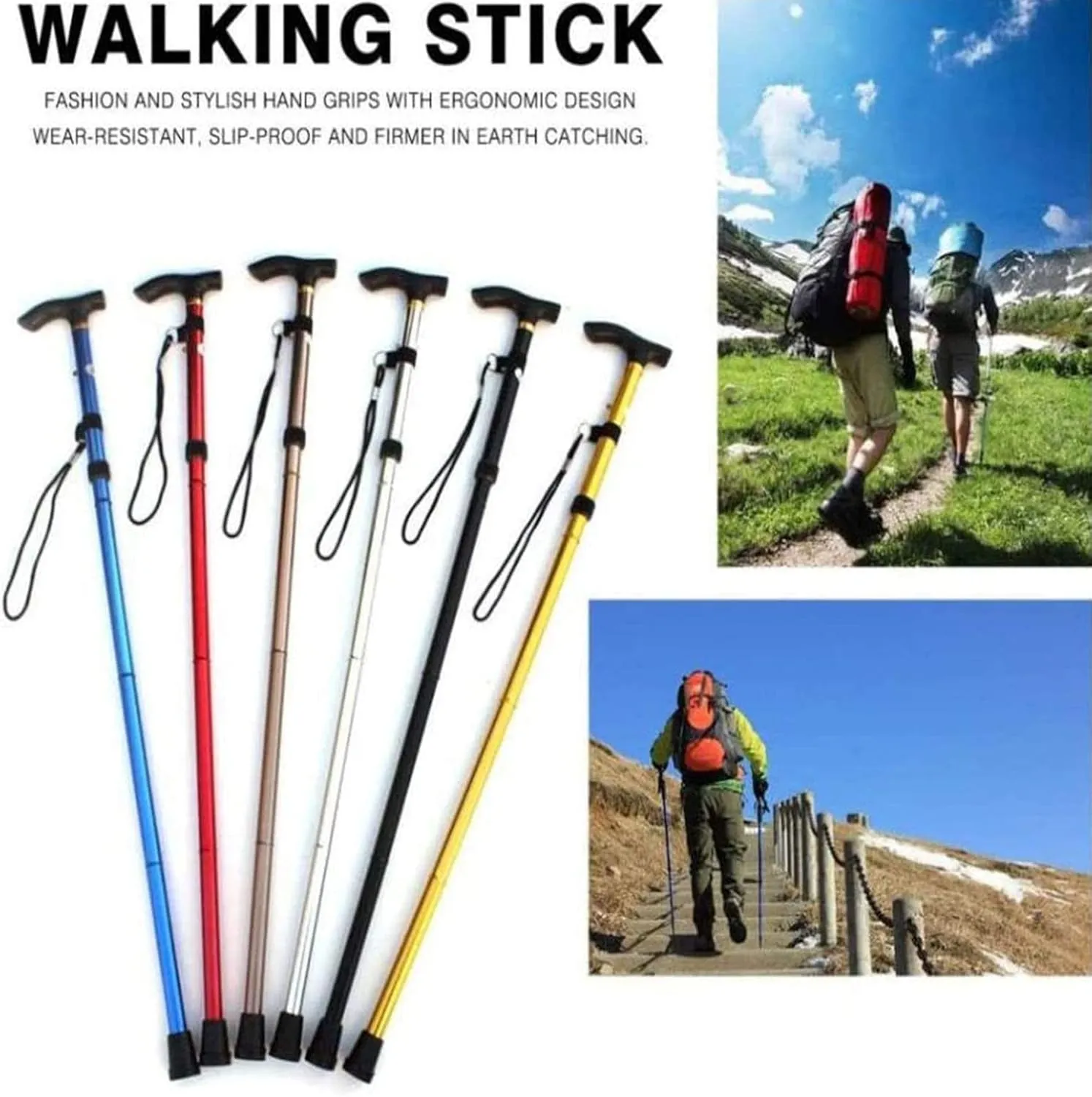 Aluminum Alloy Folding Walking Stick Non-Slip Trekking Pole Men and Women Telescopic Crutches Shockproof Rubber Base Comfortable T-Handle, Black