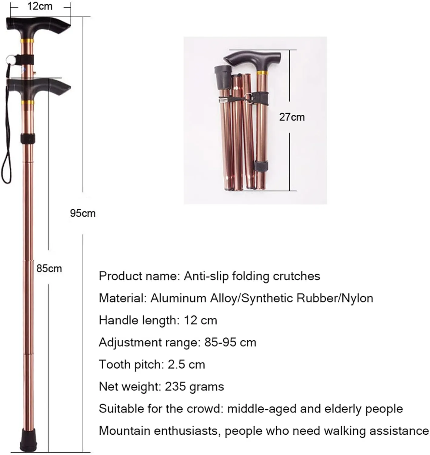 Aluminum Alloy Folding Walking Stick Non-Slip Trekking Pole Men and Women Telescopic Crutches Shockproof Rubber Base Comfortable T-Handle, Black