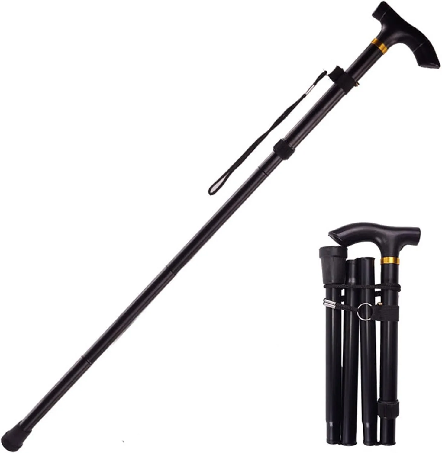Aluminum Alloy Folding Walking Stick Non-Slip Trekking Pole Men and Women Telescopic Crutches Shockproof Rubber Base Comfortable T-Handle, Black