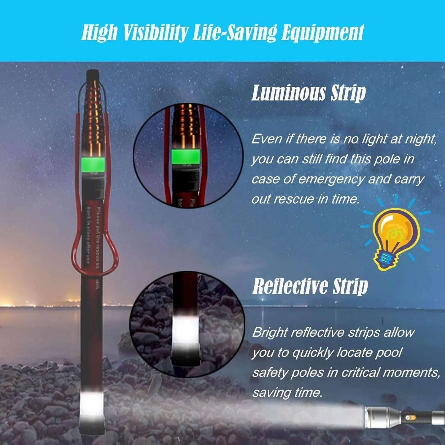 Aluminum Alloy Lifesaving Hooks - Telescopic Rescue Pole with High Visibility Reflective Design, for Pool Beach Lake Emergency Rescue, Luminous Night Use(H 450cm)