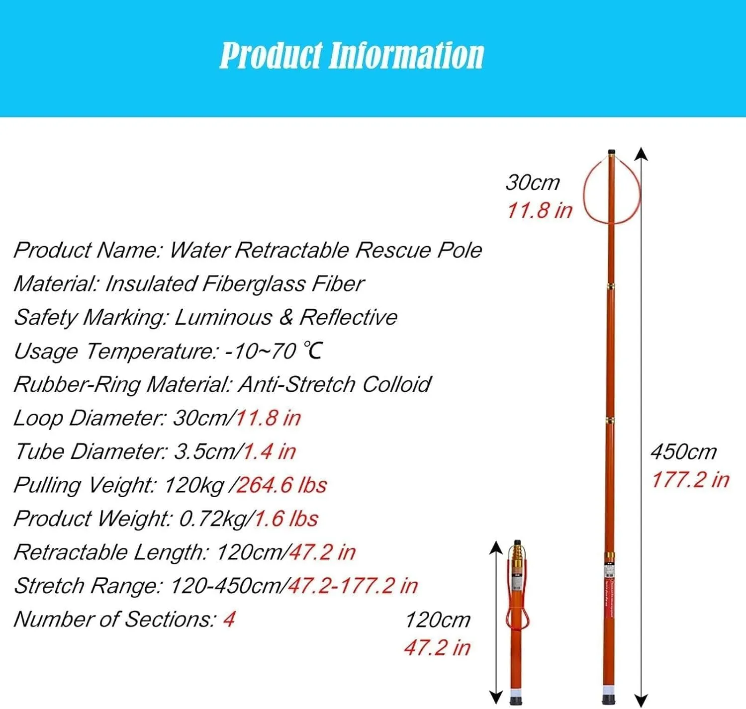 Aluminum Alloy Lifesaving Hooks - Telescopic Rescue Pole with High Visibility Reflective Design, for Pool Beach Lake Emergency Rescue, Luminous Night Use(H 450cm)