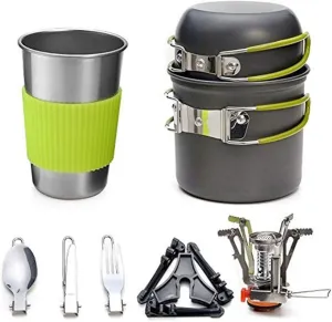 Aluminum Alloy Outdoor Camping Trip Cookware Camping Pot Hiking Picnic Tourist Tableware Set with Folding Spoon Mini Gas Stove