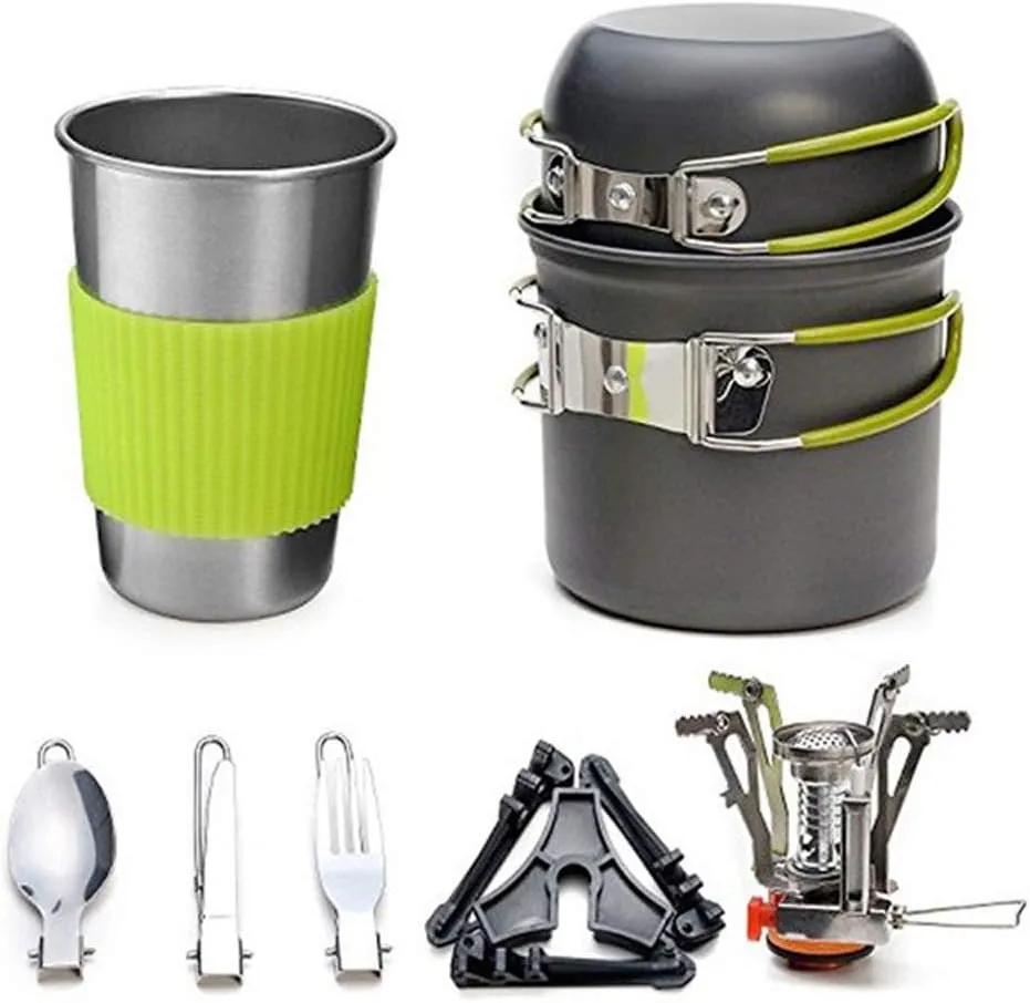 Aluminum Alloy Outdoor Camping Trip Cookware Camping Pot Hiking Picnic Tourist Tableware Set with Folding Spoon Mini Gas Stove