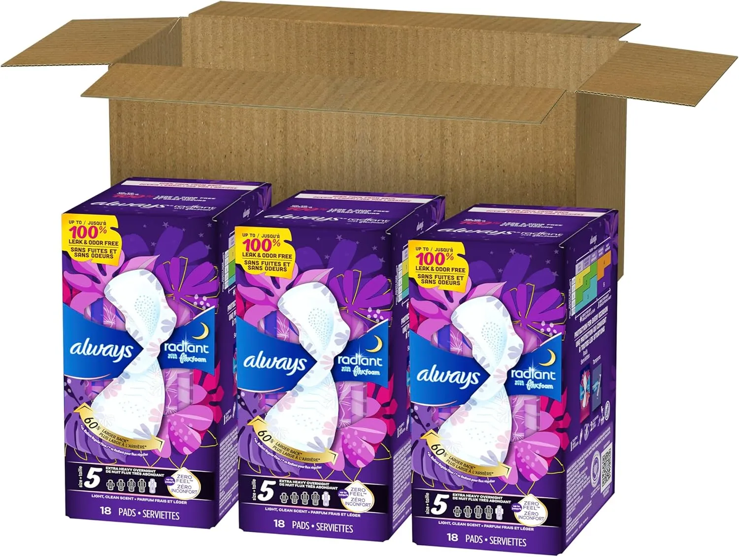 Always Radiant Feminine Pads for Women, Flexfoam Pads with Wings, Size 5, Extra Heavy Overnight Absorbency, Lightly Scented, 54 Count (Packaging May Vary)