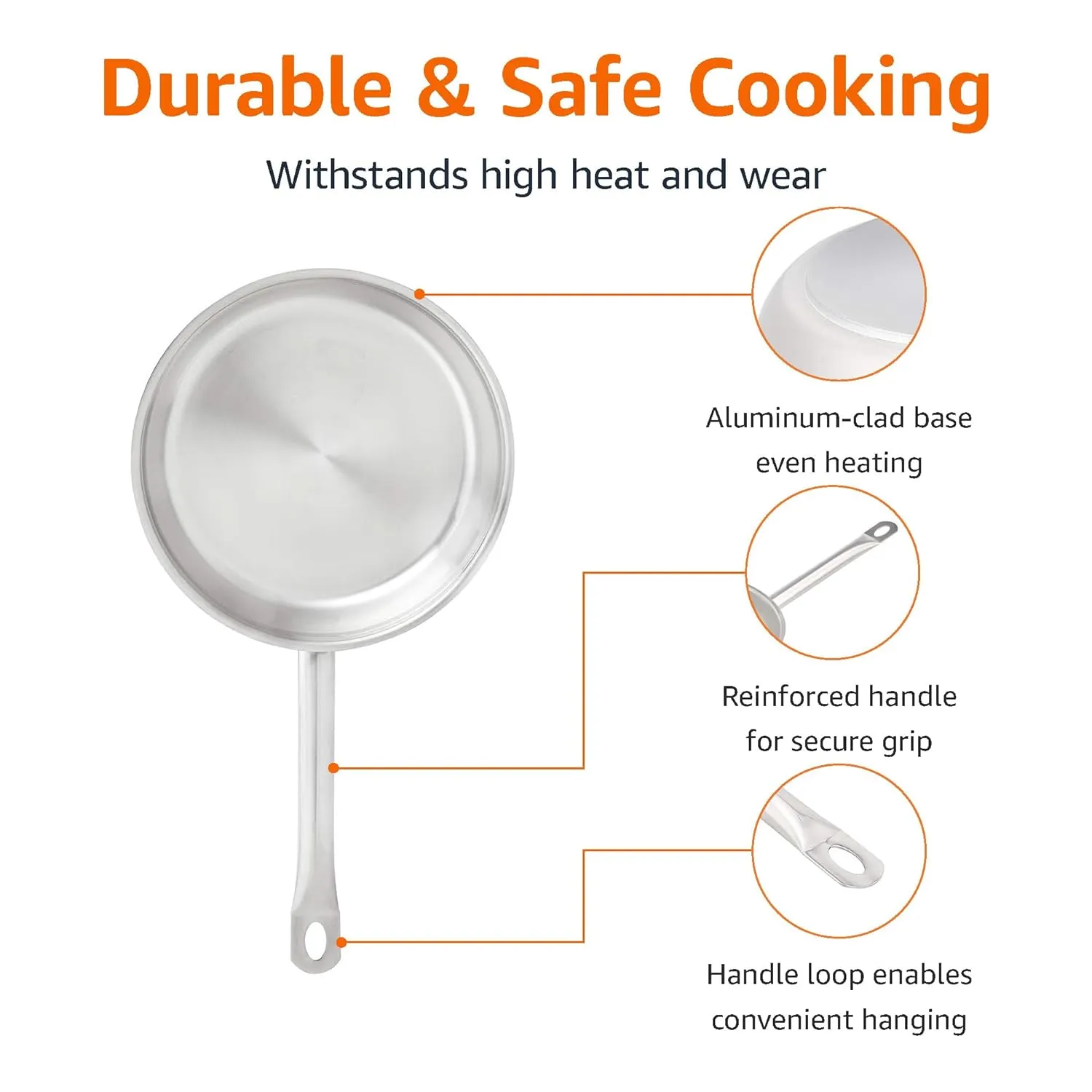 Amazon Basics 3-Piece Stainless Steel Aluminum-Clad Fry Pan Set with 8", 9 1/2", and 12" (Previously AmazonCommercial brand)