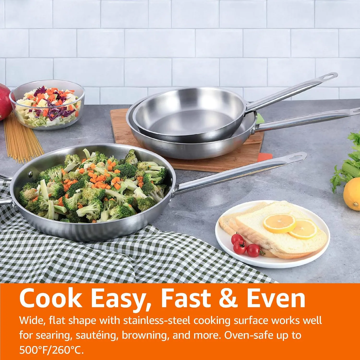 Amazon Basics 3-Piece Stainless Steel Aluminum-Clad Fry Pan Set with 8", 9 1/2", and 12" (Previously AmazonCommercial brand)