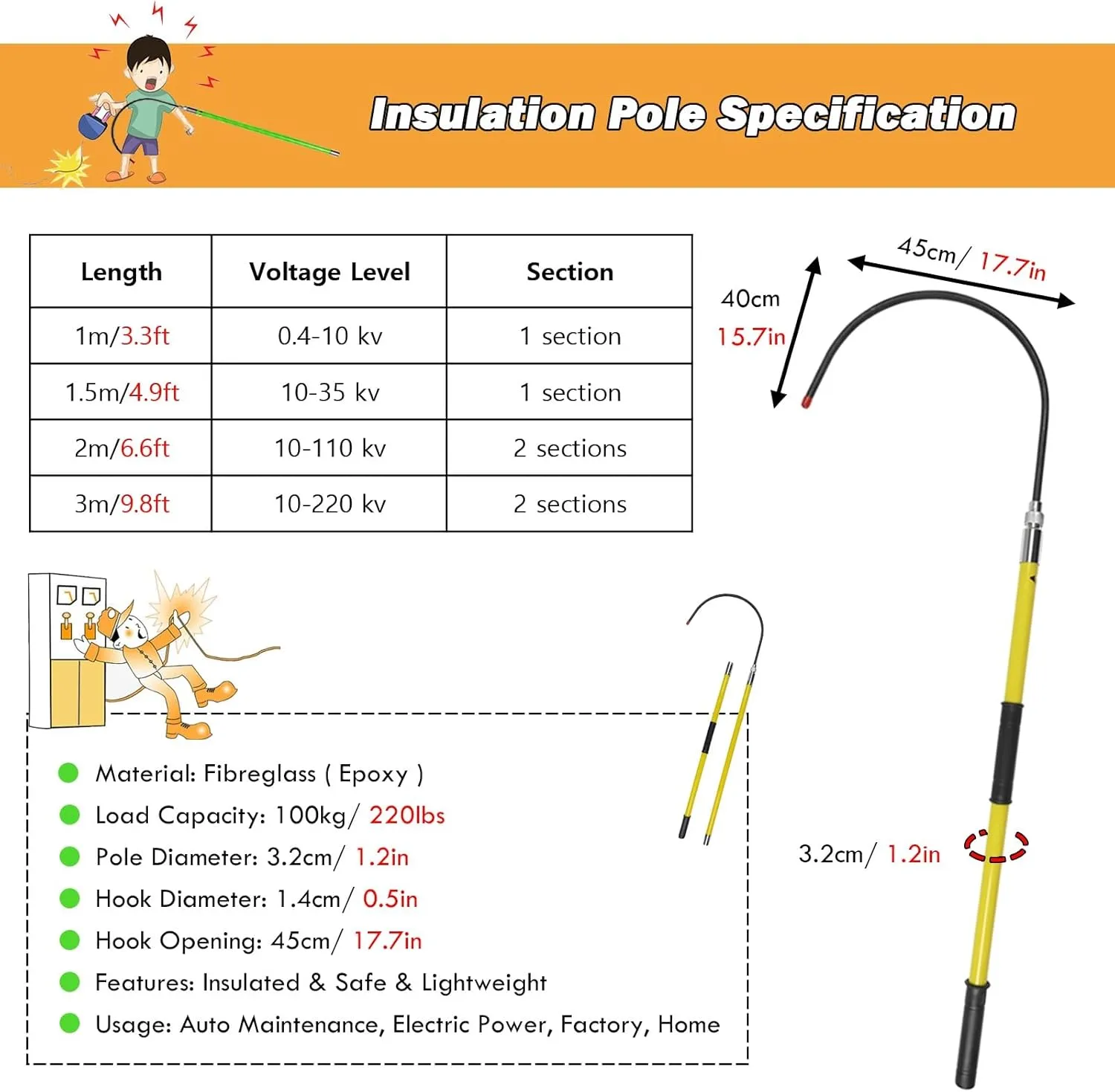 AMUFJJ Electrical Life Hook with Rescue Pole, Insulated Firefighter Electrician High Voltage Rescue Hook with 18 Inch Opening, Electrocution Emergency Rescue Pole Load 220lb(2m/6.6ft)