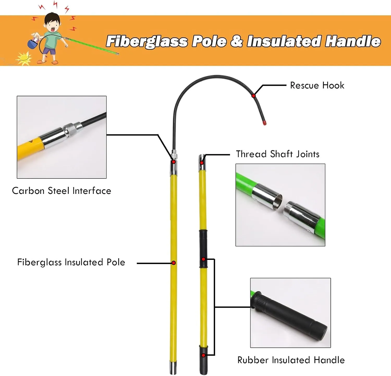 AMUFJJ Electrical Life Hook with Rescue Pole, Insulated Firefighter Electrician High Voltage Rescue Hook with 18 Inch Opening, Electrocution Emergency Rescue Pole Load 220lb(2m/6.6ft)
