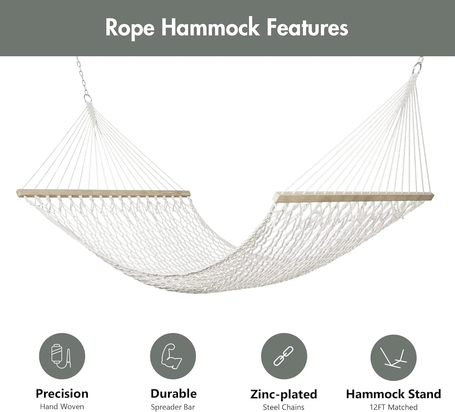 ANOW Outdoor Rope Hammock with Spreader Bars, Heavy Duty Hammock with Pad for Outdoors Indoors, 450 LBS Weight Capacity, Gray