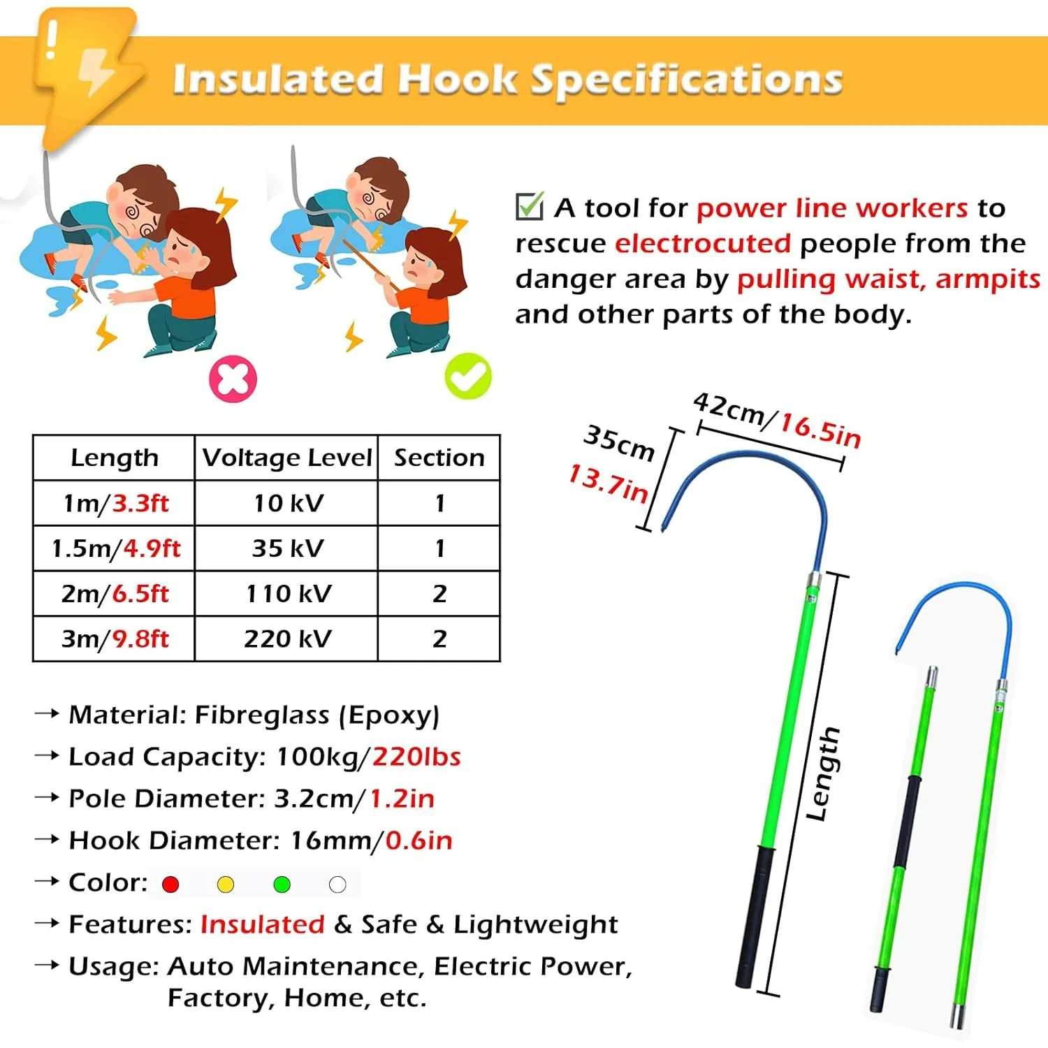 Anti-electrocution Insulated Body Rescue Hook, High Voltage Power Fiberglass Rescue Equipment 3ft 5Feet 6 FT 10 Foot Long, Commercial Electric Shock Protective Pull Pole Kit(Red,10kV-1m/3.3ft)