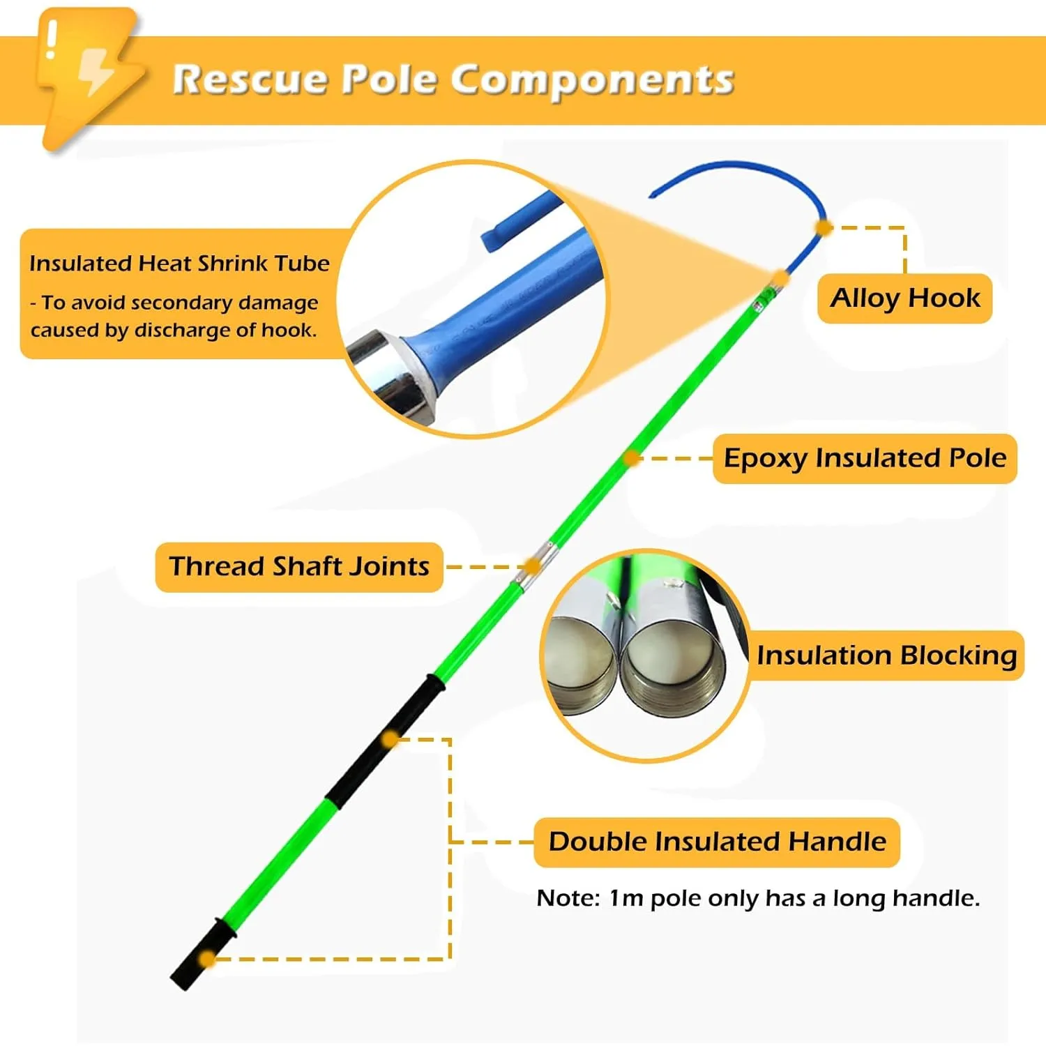 Anti-electrocution Insulated Body Rescue Hook, High Voltage Power Fiberglass Rescue Equipment 3ft 5Feet 6 FT 10 Foot Long, Commercial Electric Shock Protective Pull Pole Kit(Red,10kV-1m/3.3ft)