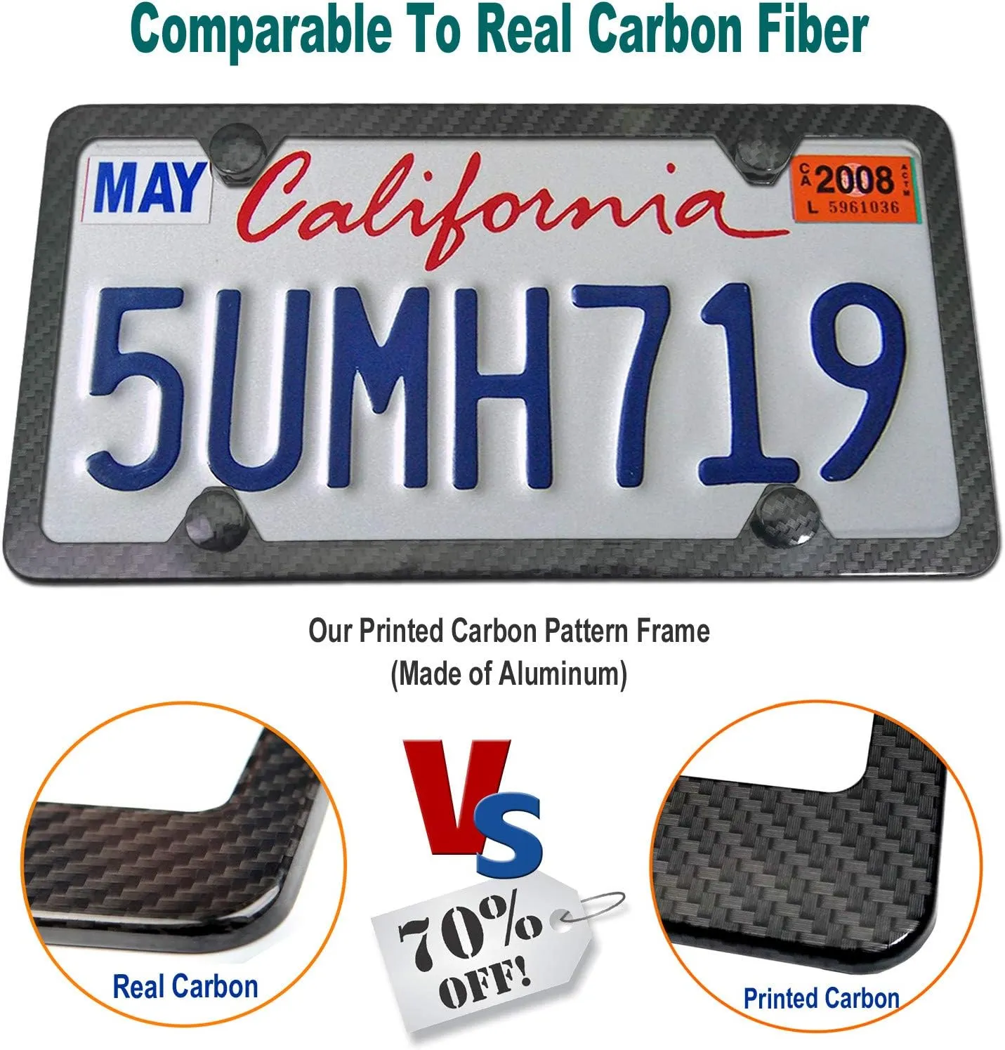 Aootf Carbon Fiber License Plate Frame- Heavy Duty Black Aluminum Car Tag Cover Printed Carbon Patterns, Slim Front & Rear Holders Mount Hardware Kit- Screws Bolts, Nut, Rattle Proof Pad