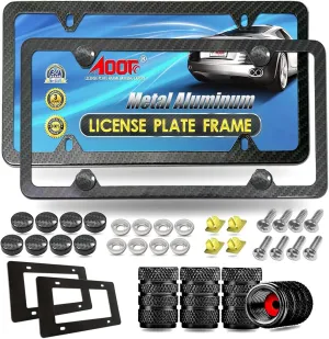 Aootf Carbon Fiber License Plate Frame- Heavy Duty Black Aluminum Car Tag Cover Printed Carbon Patterns, Slim Front & Rear Holders Mount Hardware Kit- Screws Bolts, Nut, Rattle Proof Pad