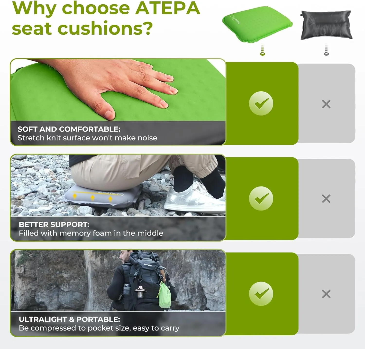 ATEPA Inflatable Stadium Seat Cushion, Self-Inflating Memory Foam Stadium Seats Camping Accessories Chair Pad for Outdoor Airplane Travel Bleacher Patio Backpacking