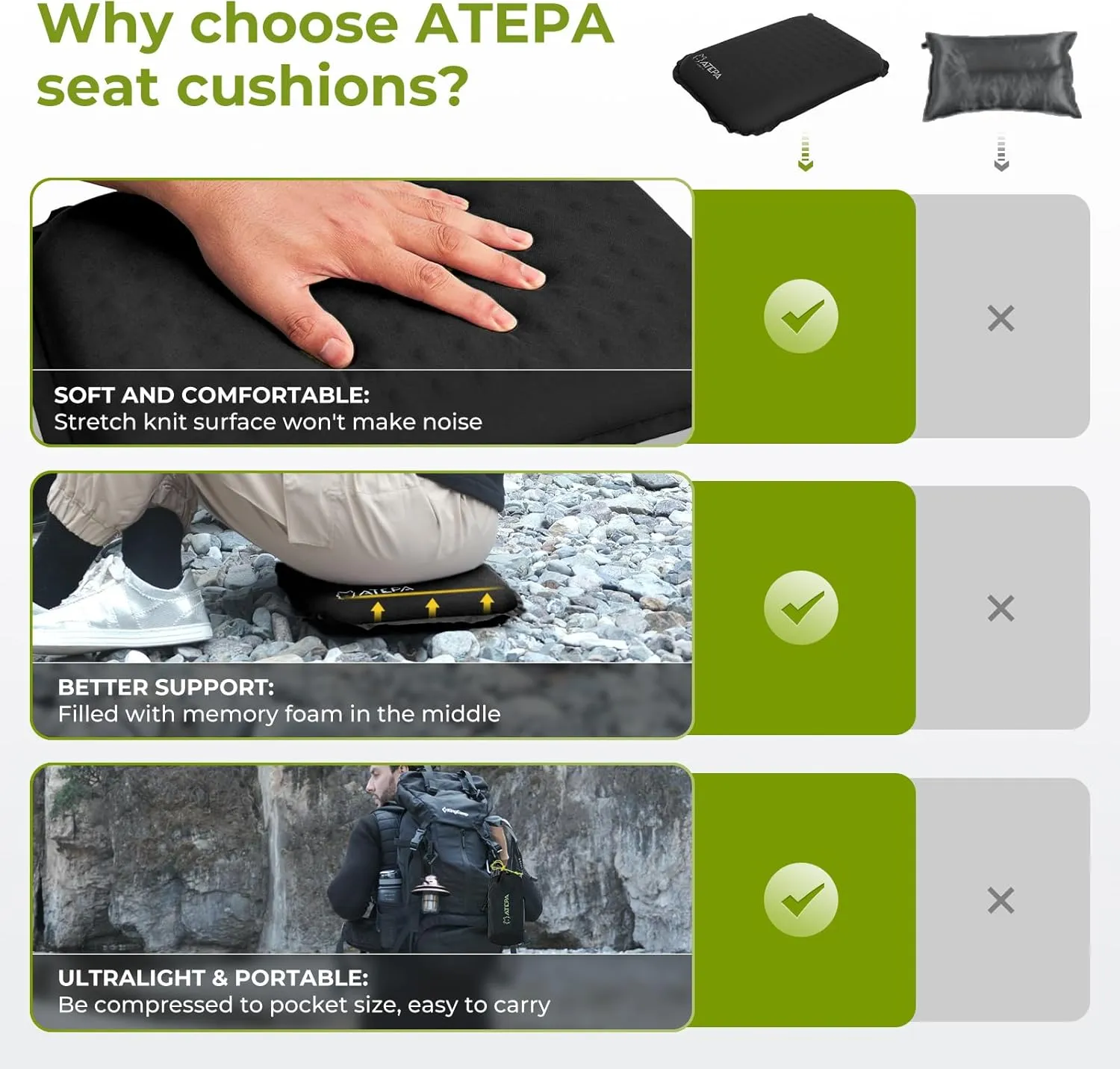 ATEPA Inflatable Stadium Seat Cushion, Self-Inflating Memory Foam Stadium Seats Camping Accessories Chair Pad for Outdoor Airplane Travel Bleacher Patio Backpacking