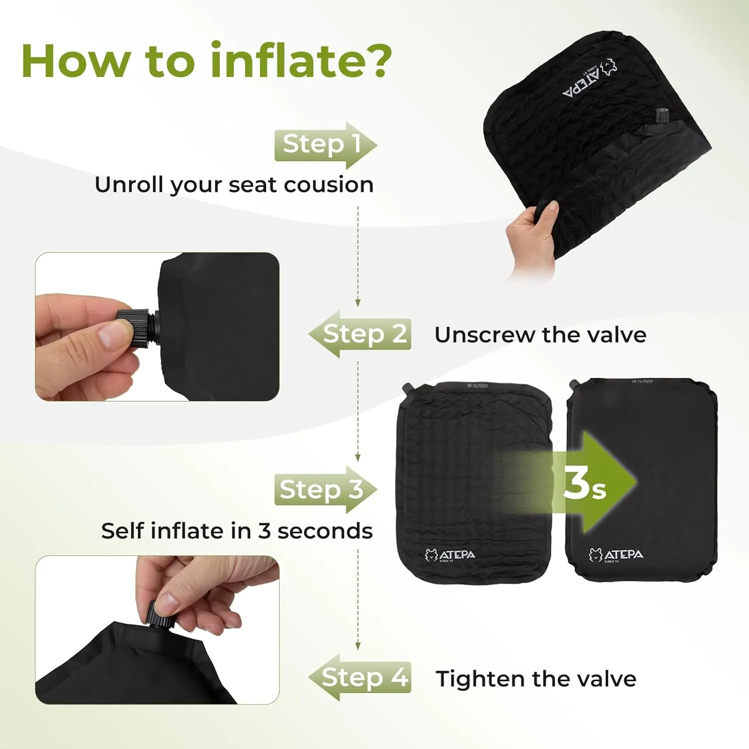 ATEPA Inflatable Stadium Seat Cushion, Self-Inflating Memory Foam Stadium Seats Camping Accessories Chair Pad for Outdoor Airplane Travel Bleacher Patio Backpacking