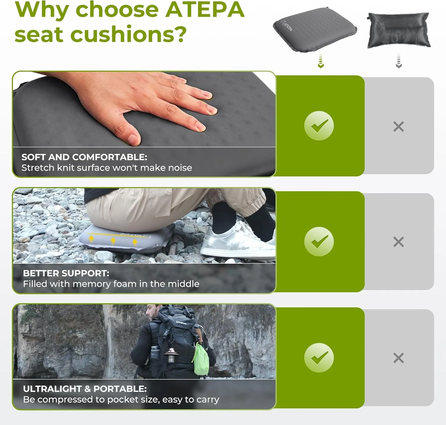 ATEPA Inflatable Stadium Seat Cushion, Self-Inflating Memory Foam Stadium Seats Camping Accessories Chair Pad for Outdoor Airplane Travel Bleacher Patio Backpacking