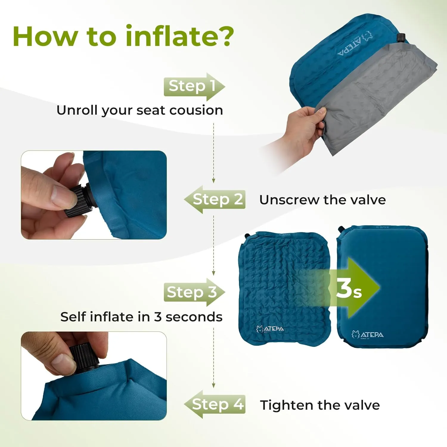 ATEPA Inflatable Stadium Seat Cushion, Self-Inflating Memory Foam Stadium Seats Camping Accessories Chair Pad for Outdoor Airplane Travel Bleacher Patio Backpacking
