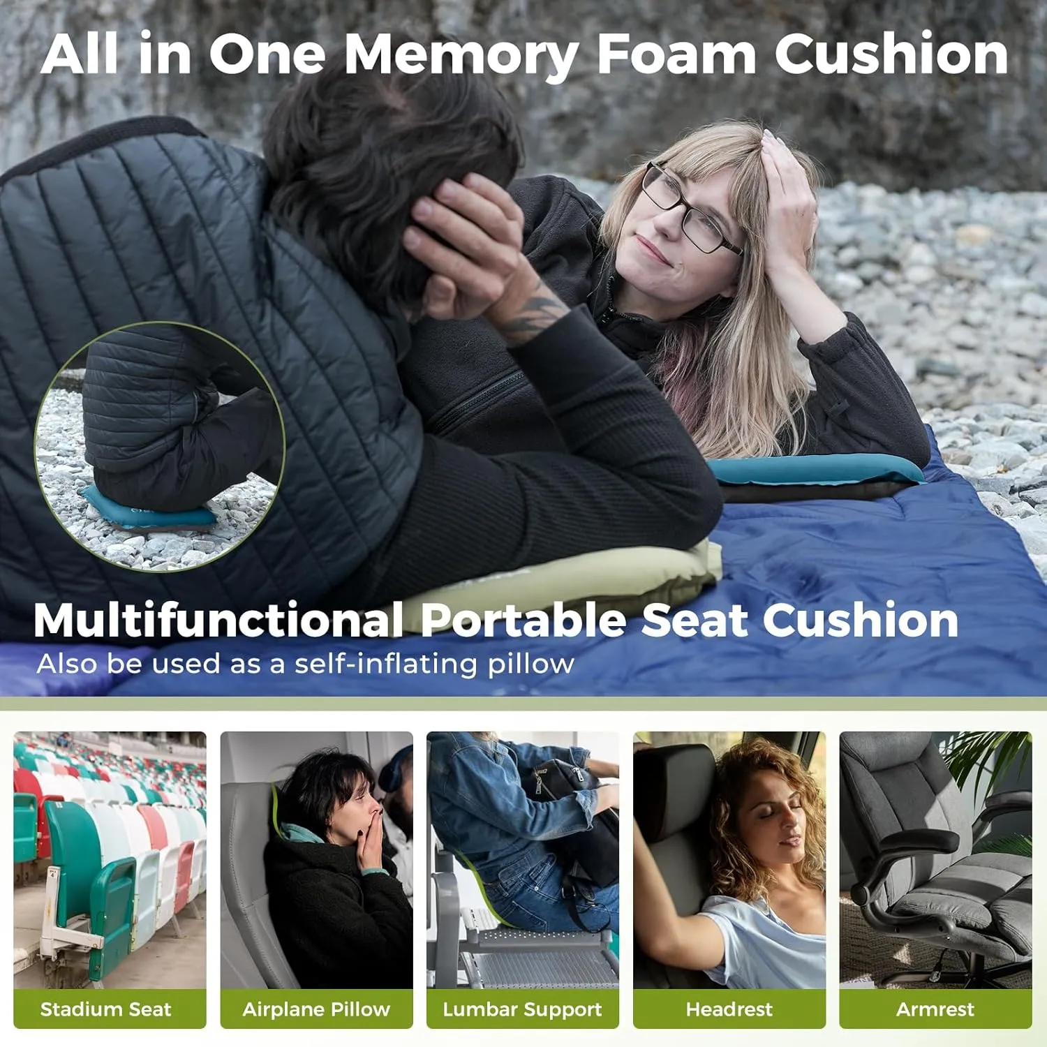 ATEPA Inflatable Stadium Seat Cushion, Self-Inflating Memory Foam Stadium Seats Camping Accessories Chair Pad for Outdoor Airplane Travel Bleacher Patio Backpacking