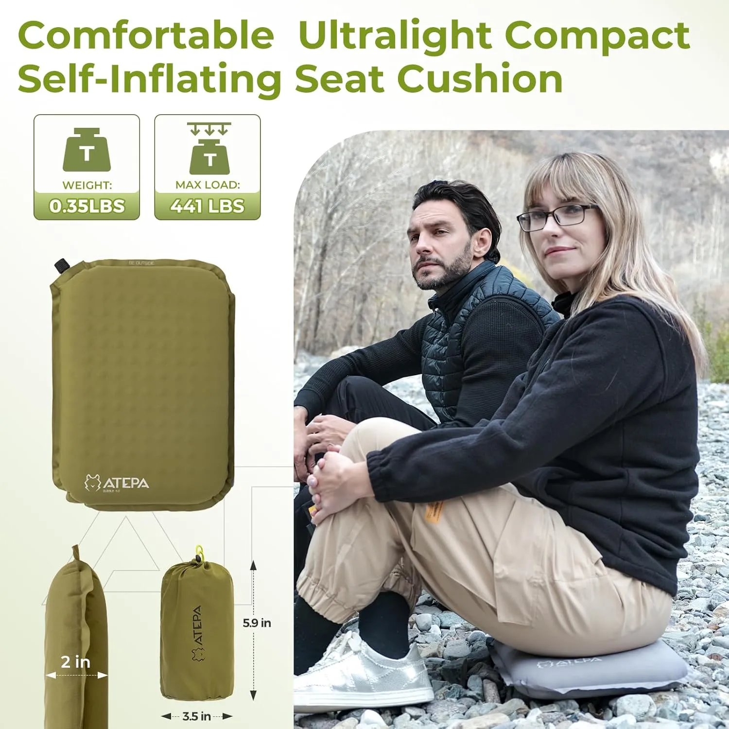 ATEPA Inflatable Stadium Seat Cushion, Self-Inflating Memory Foam Stadium Seats Camping Accessories Chair Pad for Outdoor Airplane Travel Bleacher Patio Backpacking
