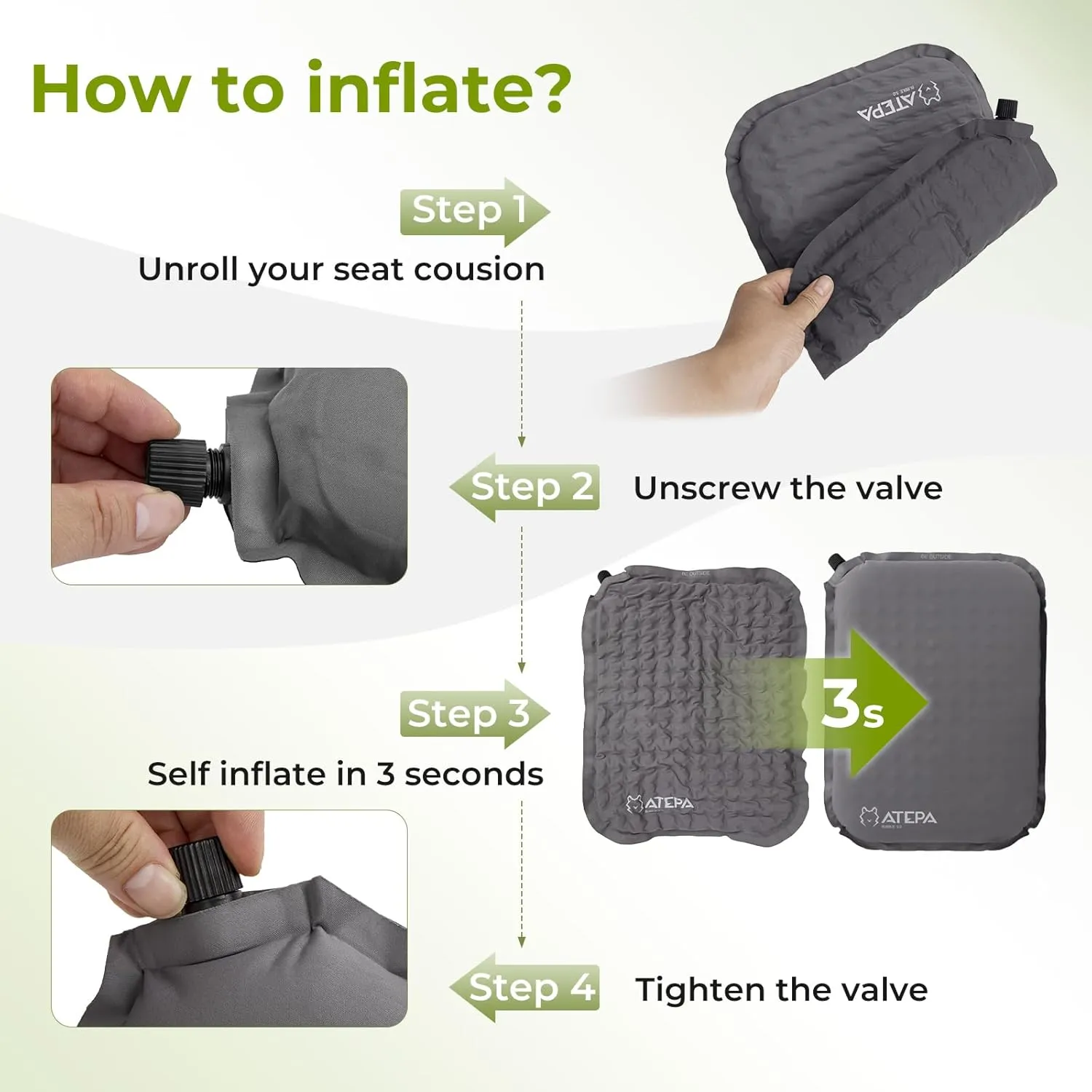 ATEPA Inflatable Stadium Seat Cushion, Self-Inflating Memory Foam Stadium Seats Camping Accessories Chair Pad for Outdoor Airplane Travel Bleacher Patio Backpacking