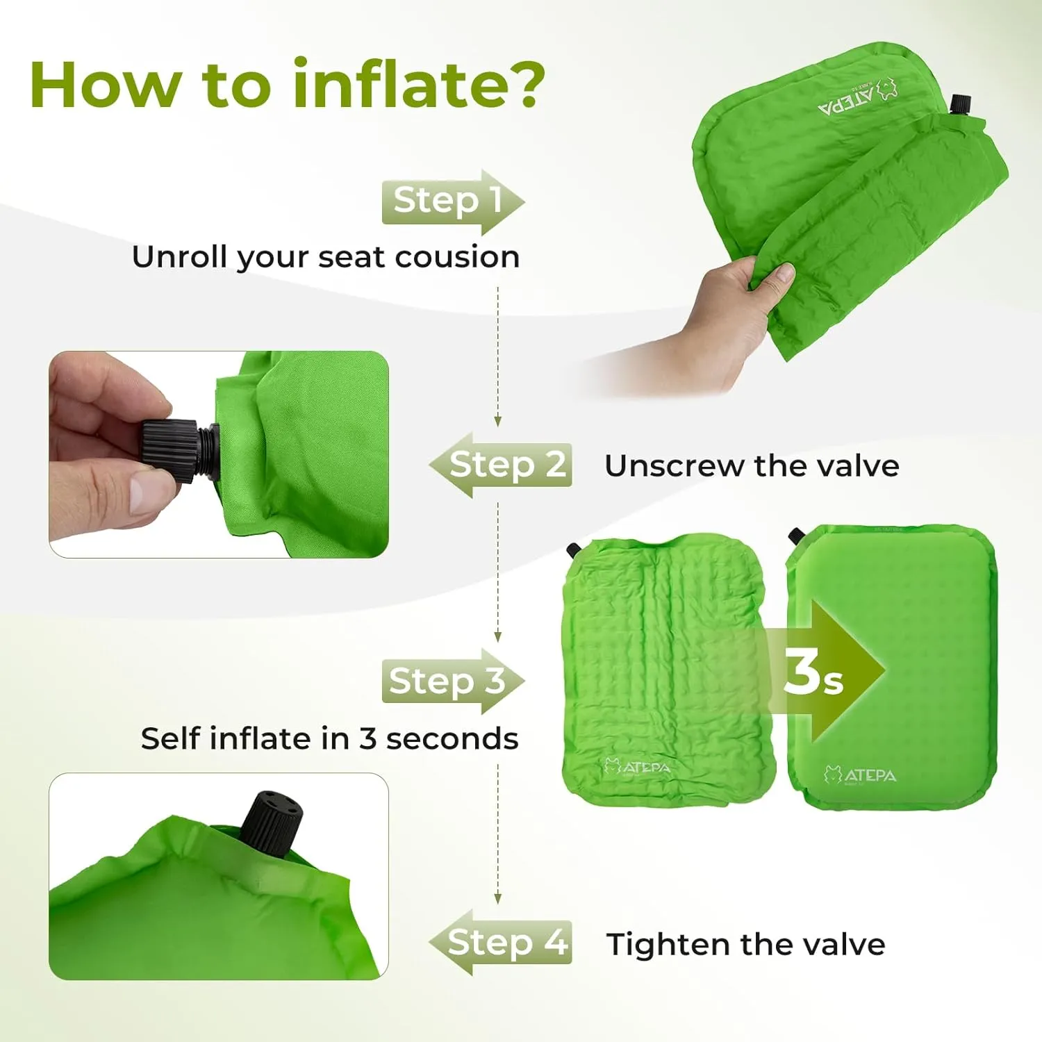ATEPA Inflatable Stadium Seat Cushion, Self-Inflating Memory Foam Stadium Seats Camping Accessories Chair Pad for Outdoor Airplane Travel Bleacher Patio Backpacking