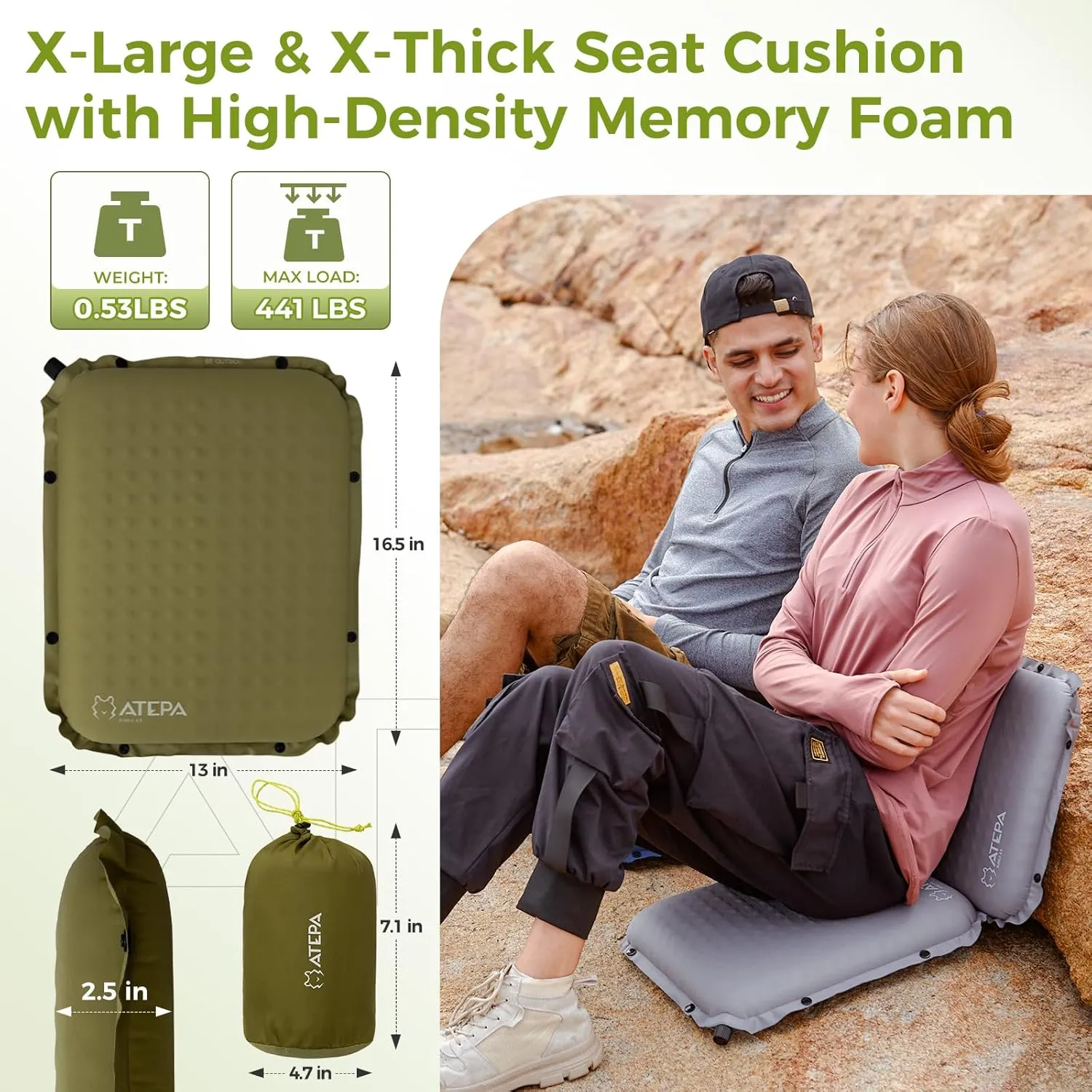 ATEPA Inflatable Stadium Seat Cushion, Self-Inflating Memory Foam Stadium Seats Camping Accessories Chair Pad for Outdoor Airplane Travel Bleacher Patio Backpacking