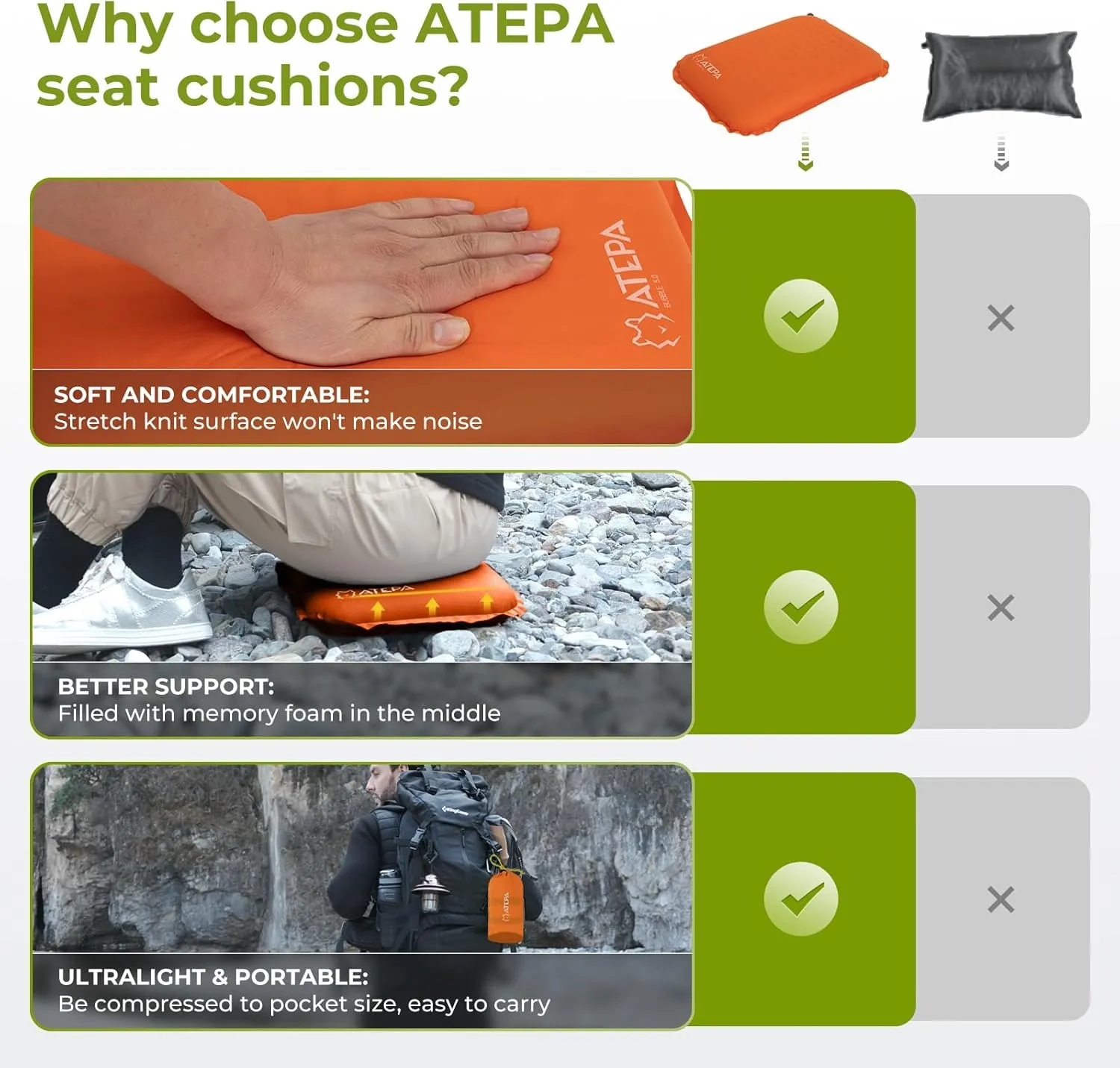 ATEPA Inflatable Stadium Seat Cushion, Self-Inflating Memory Foam Stadium Seats Camping Accessories Chair Pad for Outdoor Airplane Travel Bleacher Patio Backpacking