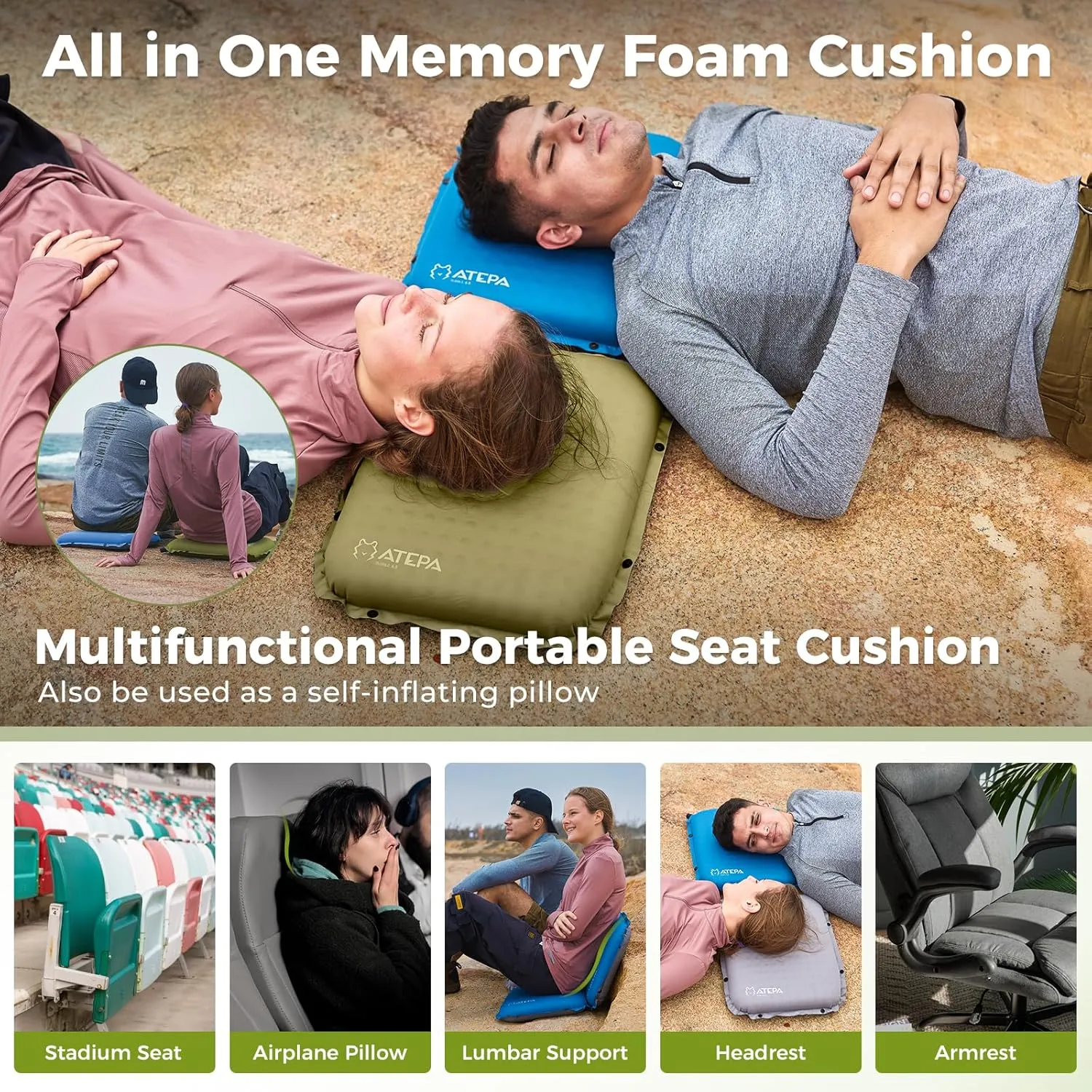 ATEPA Inflatable Stadium Seat Cushion, Self-Inflating Memory Foam Stadium Seats Camping Accessories Chair Pad for Outdoor Airplane Travel Bleacher Patio Backpacking