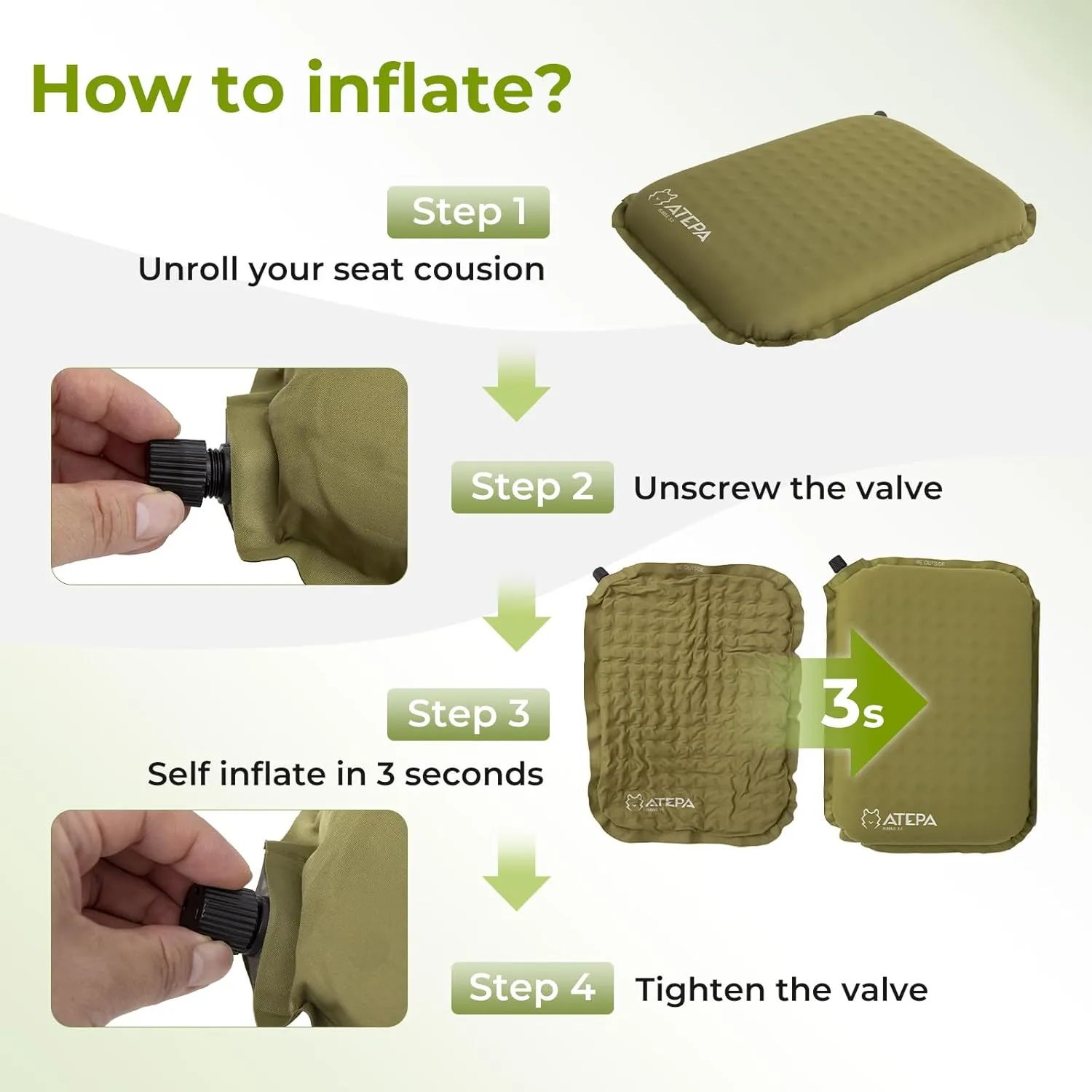 ATEPA Inflatable Stadium Seat Cushion, Self-Inflating Memory Foam Stadium Seats Camping Accessories Chair Pad for Outdoor Airplane Travel Bleacher Patio Backpacking