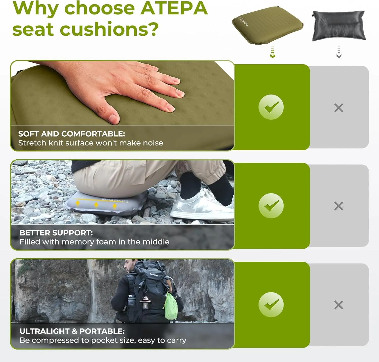 ATEPA Inflatable Stadium Seat Cushion, Self-Inflating Memory Foam Stadium Seats Camping Accessories Chair Pad for Outdoor Airplane Travel Bleacher Patio Backpacking
