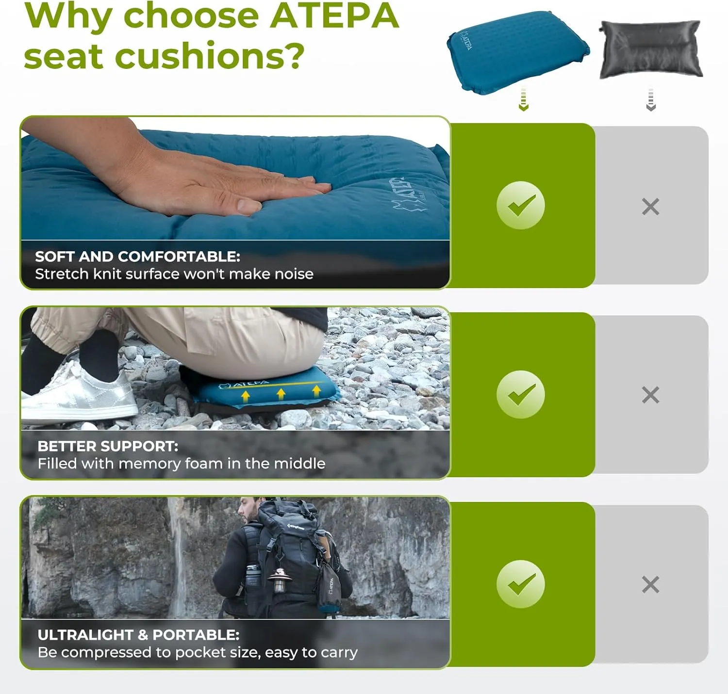 ATEPA Inflatable Stadium Seat Cushion, Self-Inflating Memory Foam Stadium Seats Camping Accessories Chair Pad for Outdoor Airplane Travel Bleacher Patio Backpacking