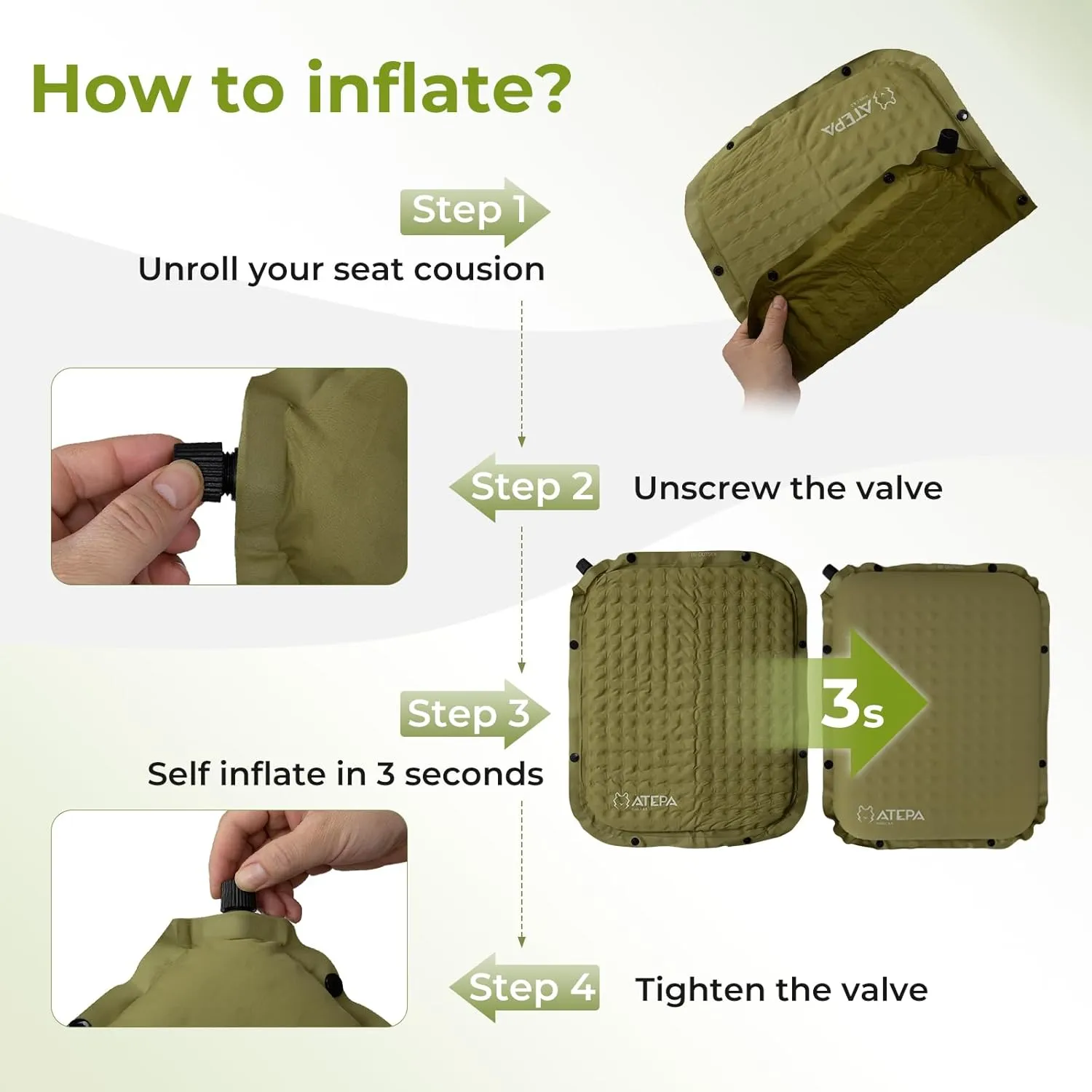ATEPA Inflatable Stadium Seat Cushion, Self-Inflating Memory Foam Stadium Seats Camping Accessories Chair Pad for Outdoor Airplane Travel Bleacher Patio Backpacking