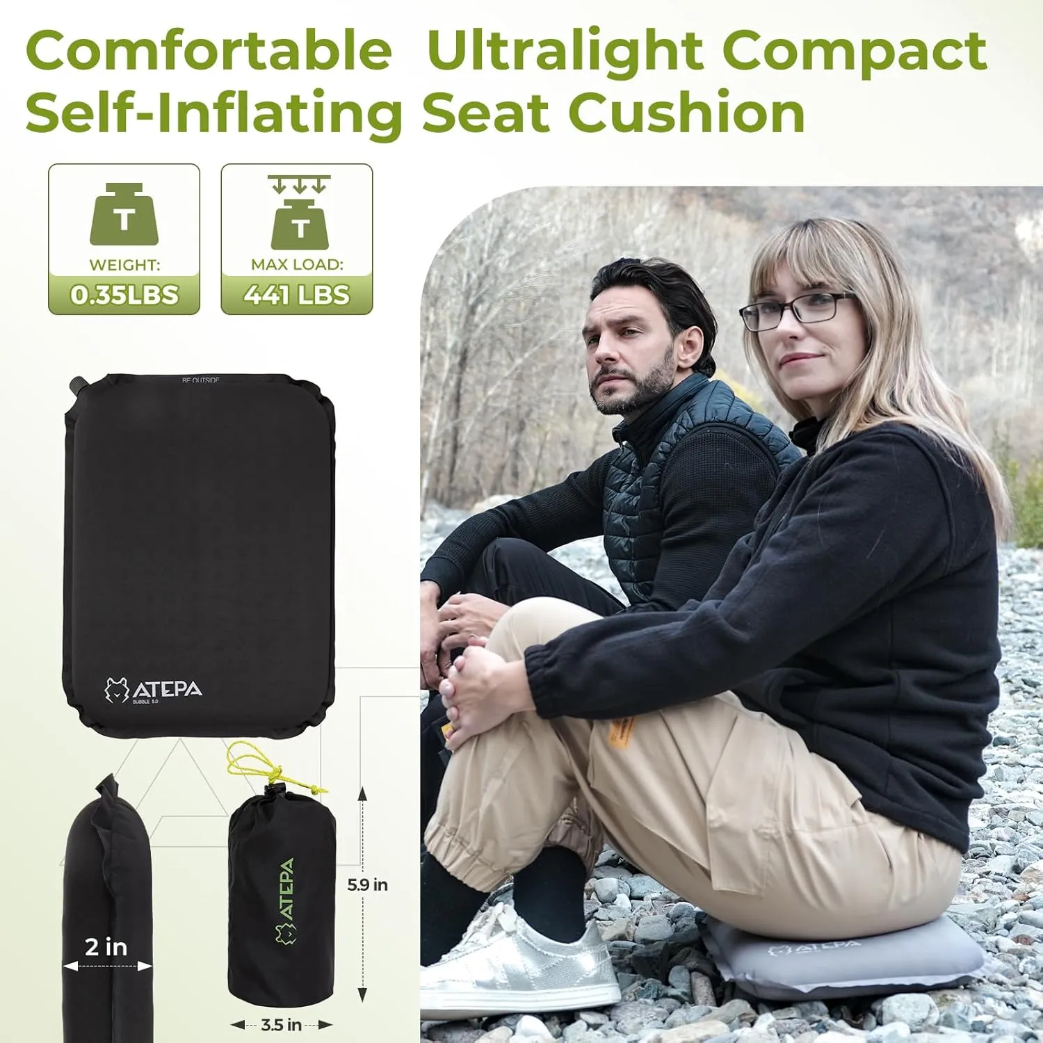 ATEPA Inflatable Stadium Seat Cushion, Self-Inflating Memory Foam Stadium Seats Camping Accessories Chair Pad for Outdoor Airplane Travel Bleacher Patio Backpacking