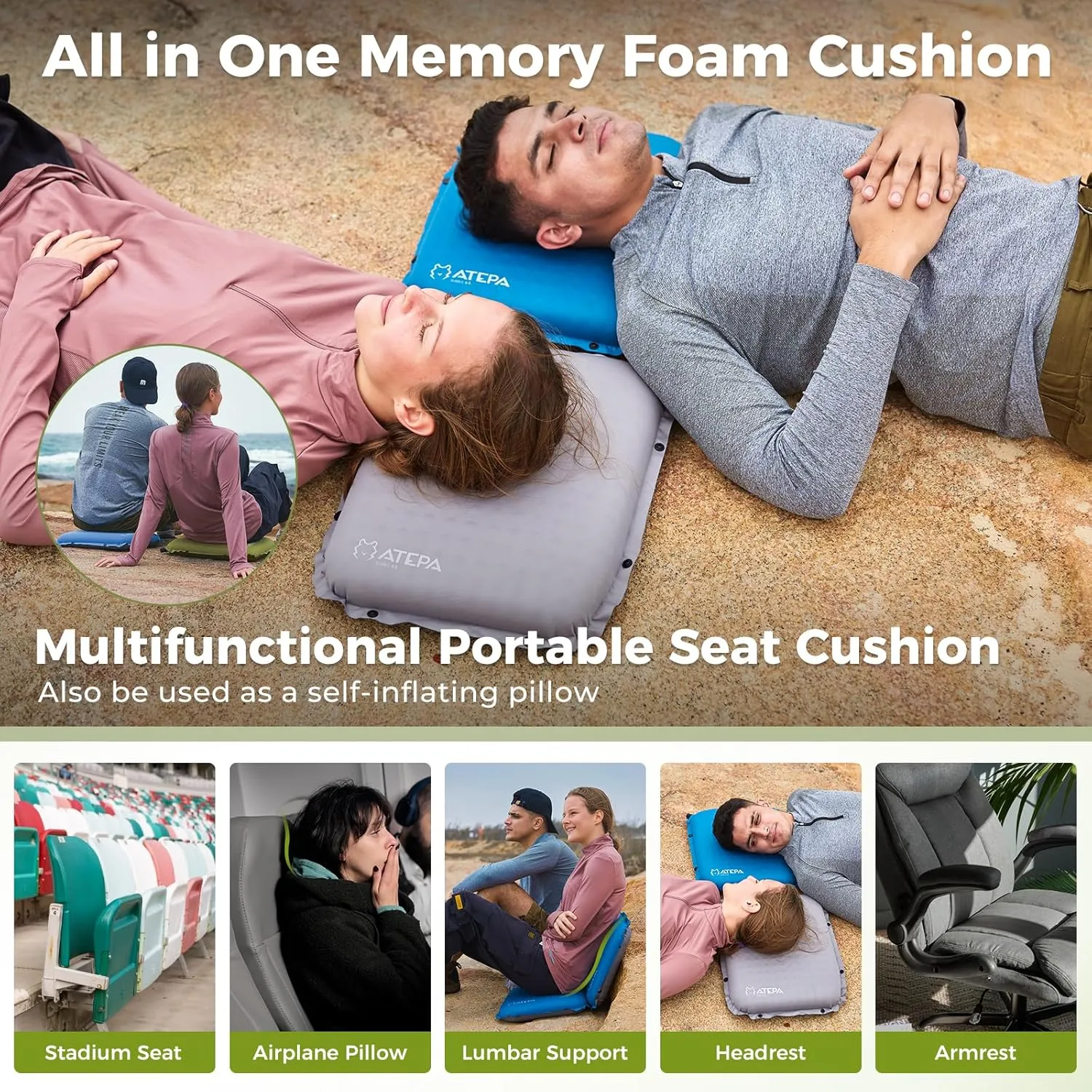 ATEPA Inflatable Stadium Seat Cushion, Self-Inflating Memory Foam Stadium Seats Camping Accessories Chair Pad for Outdoor Airplane Travel Bleacher Patio Backpacking