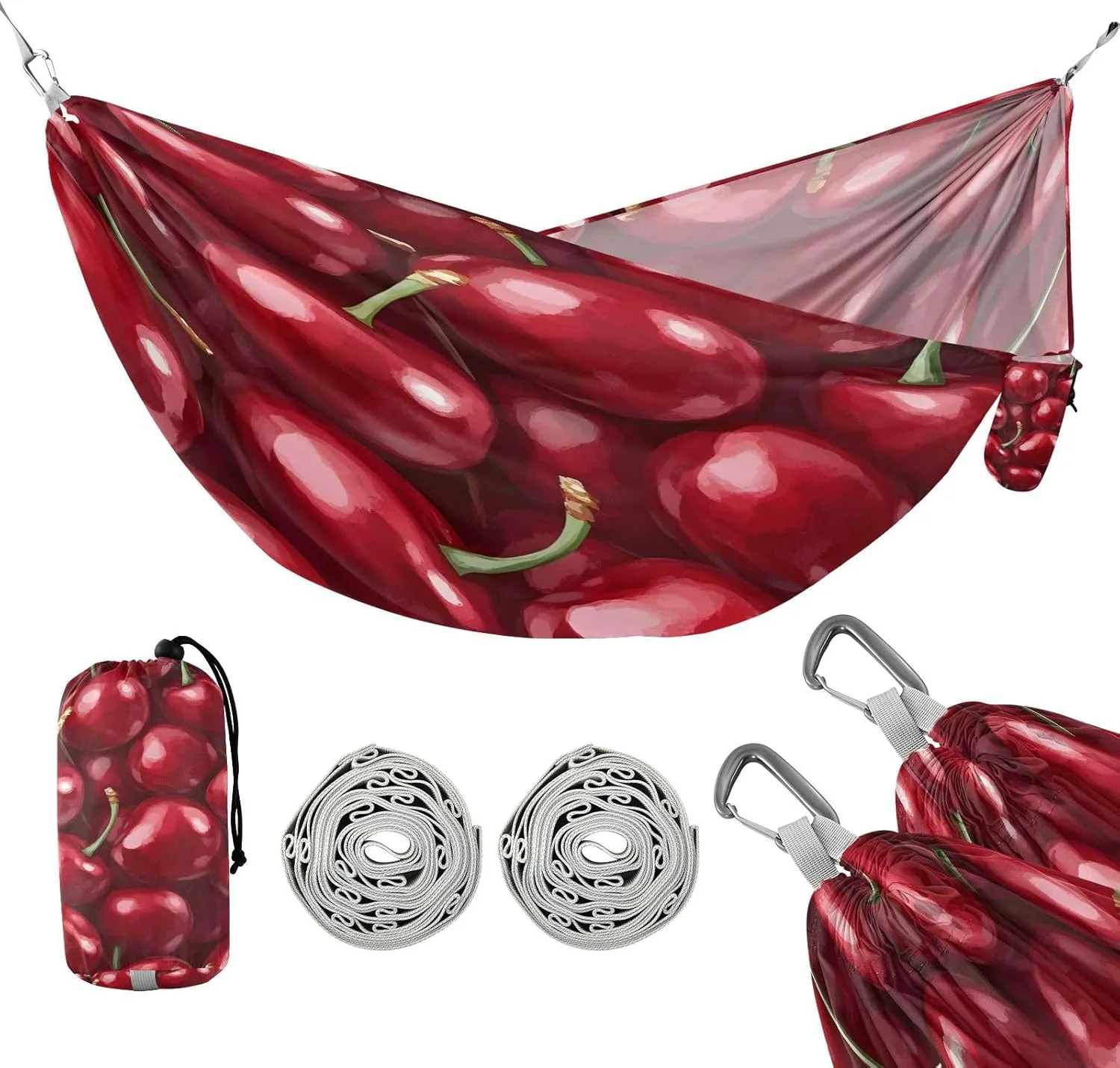 ATTX Dark Red Cherries Camping Hammock - Lightweight & Portable Hammocks, Heavy Duty 330lbs Capacity for Indoor, Hiking, Backpacking, Travel, Backyard, Beach#567