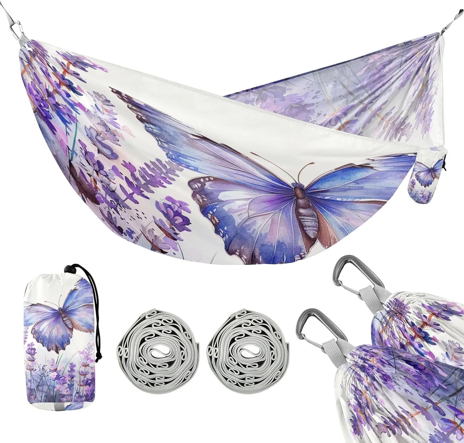 ATTX Lavender and Butterfly Camping Hammock - Lightweight & Portable Hammocks, Heavy Duty 330lbs Capacity for Indoor, Hiking, Backpacking, Travel, Backyard, Beach#304