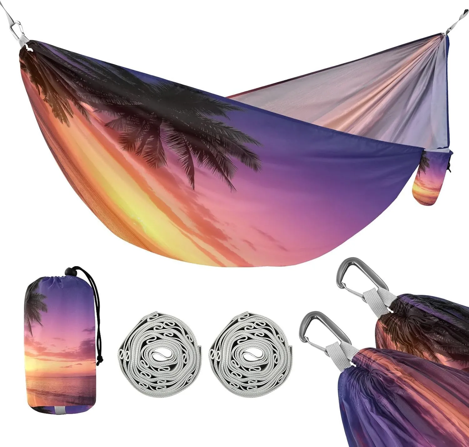 ATTX Ocean Sunset Palm Trees Camping Hammock - Lightweight & Portable Hammocks, Heavy Duty 330lbs Capacity for Indoor, Hiking, Backpacking, Travel, Backyard, Beach#159