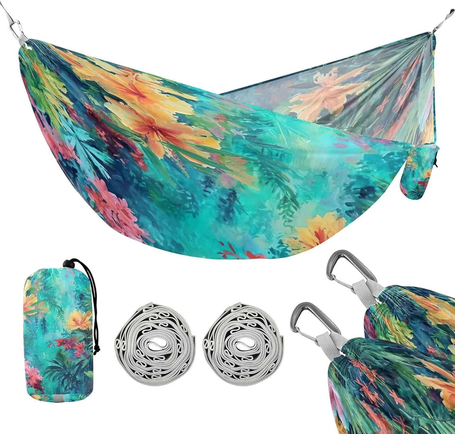 ATTX Watercolor Flower Pattern Camping Hammock - Lightweight & Portable Hammocks, Heavy Duty 330lbs Capacity for Indoor, Hiking, Backpacking, Travel, Backyard, Beach#410