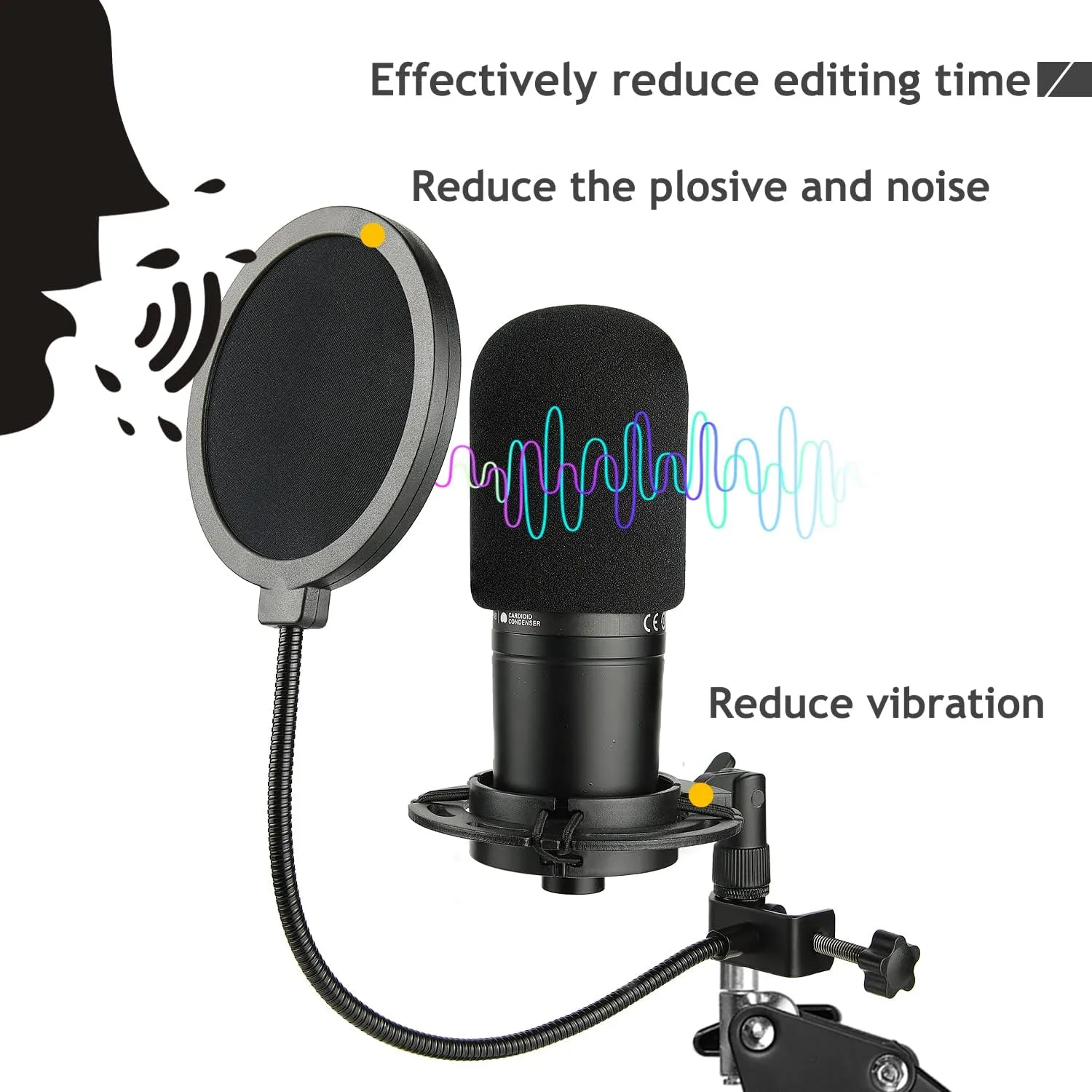 Audio Technica AT2020 Mic Boom Arm Suspension Scissor Stand with Shock Mount, Pop Filter Foam Windscreen, Upgraded Heavy Duty Clamp for AT2020 AT2020USB  AT2035 Condenser Studio Microphone