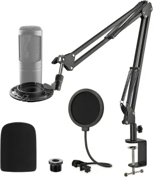 Audio Technica AT2020 Mic Boom Arm Suspension Scissor Stand with Shock Mount, Pop Filter Foam Windscreen, Upgraded Heavy Duty Clamp for AT2020 AT2020USB  AT2035 Condenser Studio Microphone